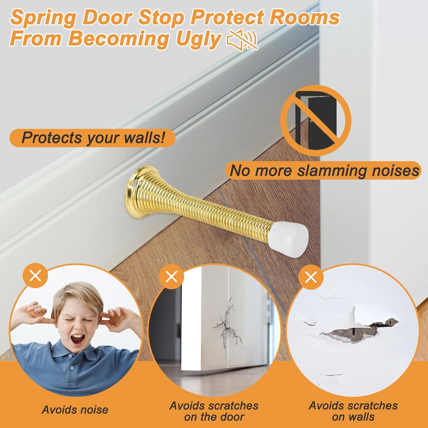 Spring Door Stoppers, 12 Pack Door Stops Wall Protector, Doorstops for Inside Door with 6 Rubber Bumper Gold