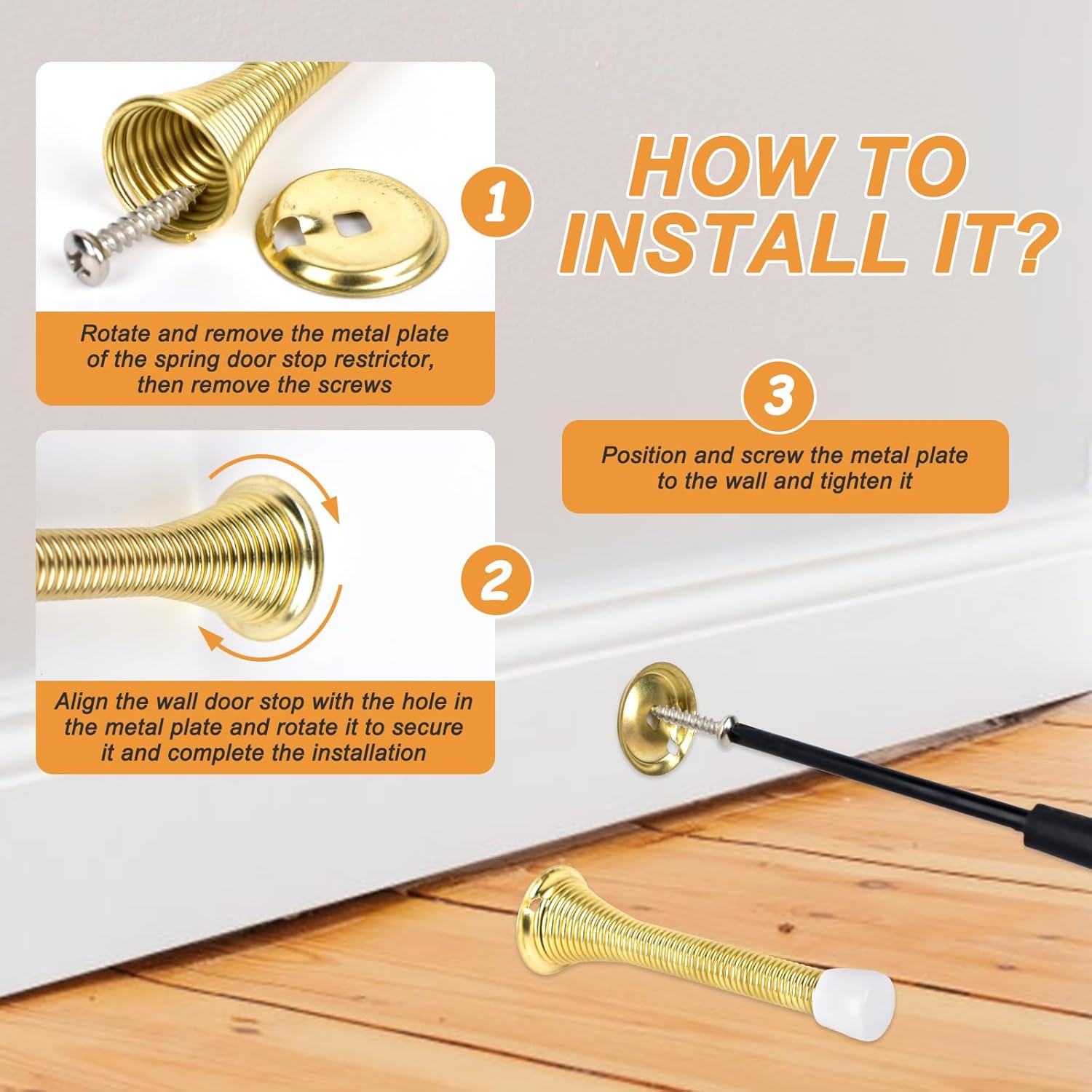 Spring Door Stoppers, 12 Pack Door Stops Wall Protector, Doorstops for Inside Door with 6 Rubber Bumper Gold