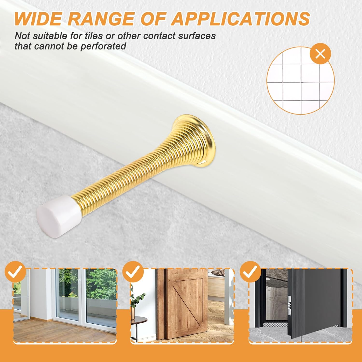 Spring Door Stoppers, 12 Pack Door Stops Wall Protector, Doorstops for Inside Door with 6 Rubber Bumper Gold