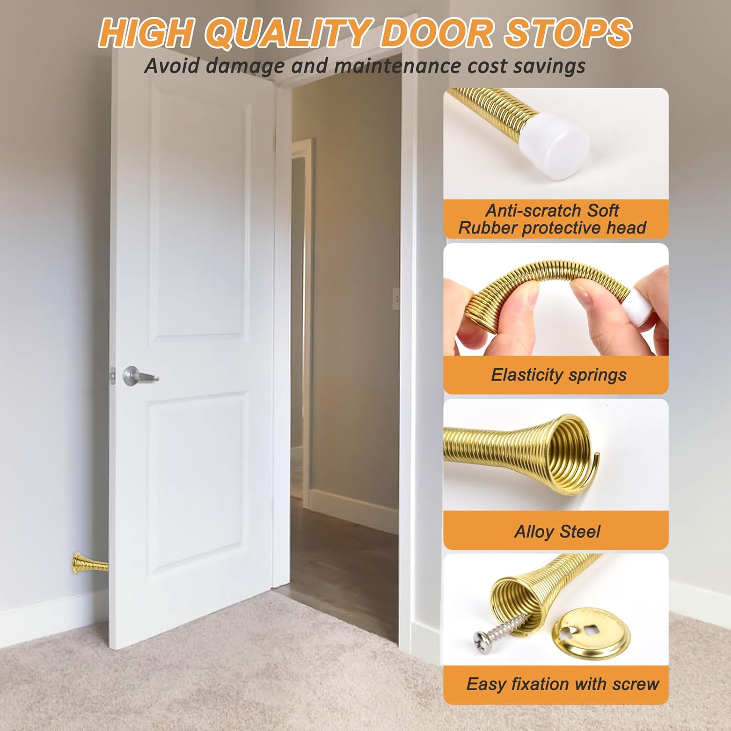 Spring Door Stoppers, 12 Pack Door Stops Wall Protector, Doorstops for Inside Door with 6 Rubber Bumper Gold