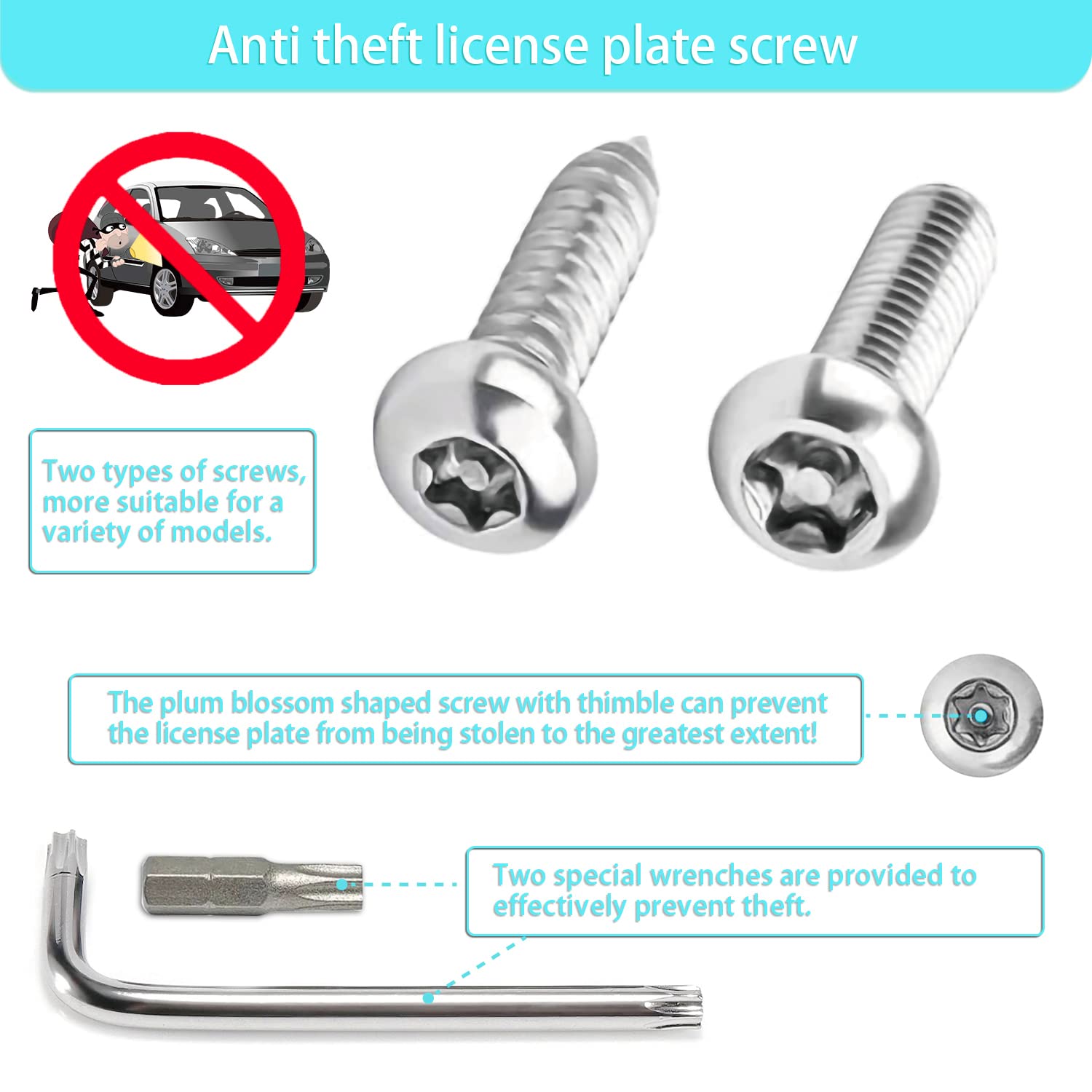 Anti Theft License Plate Screw Kit Tamper Proof License Screws Car License Plate Bolts 304 Stainless Steel Plate Mounting Hardware - 1/4’’ Screws with Chrome Screw Caps