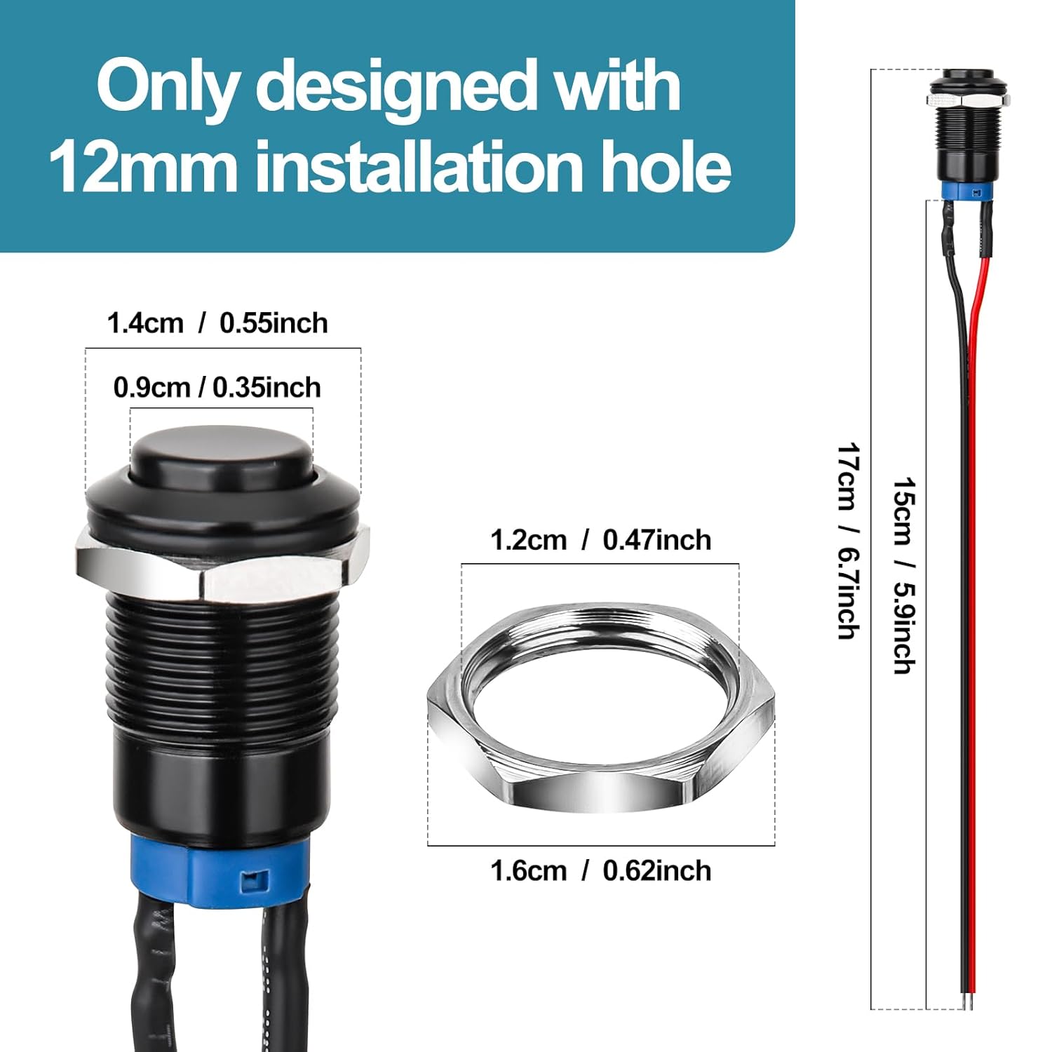 12mm Latching Push Button Switch - Raised Head, Normally Open ON - Off, with Pre - soldered Cable, Aluminium Alloy Shell, for 12V/24V/36V/110V, Waterproof IP66, Without LED 10PCS