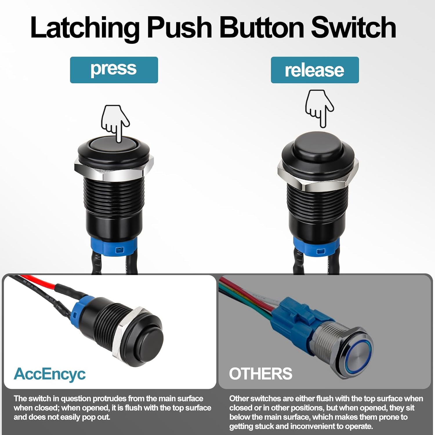 12mm Latching Push Button Switch - Raised Head, Normally Open ON - Off, with Pre - soldered Cable, Aluminium Alloy Shell, for 12V/24V/36V/110V, Waterproof IP66, Without LED 10PCS