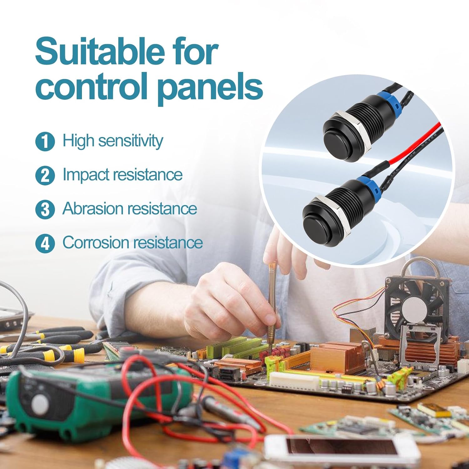 12mm Latching Push Button Switch - Raised Head, Normally Open ON - Off, with Pre - soldered Cable, Aluminium Alloy Shell, for 12V/24V/36V/110V, Waterproof IP66, Without LED 10PCS