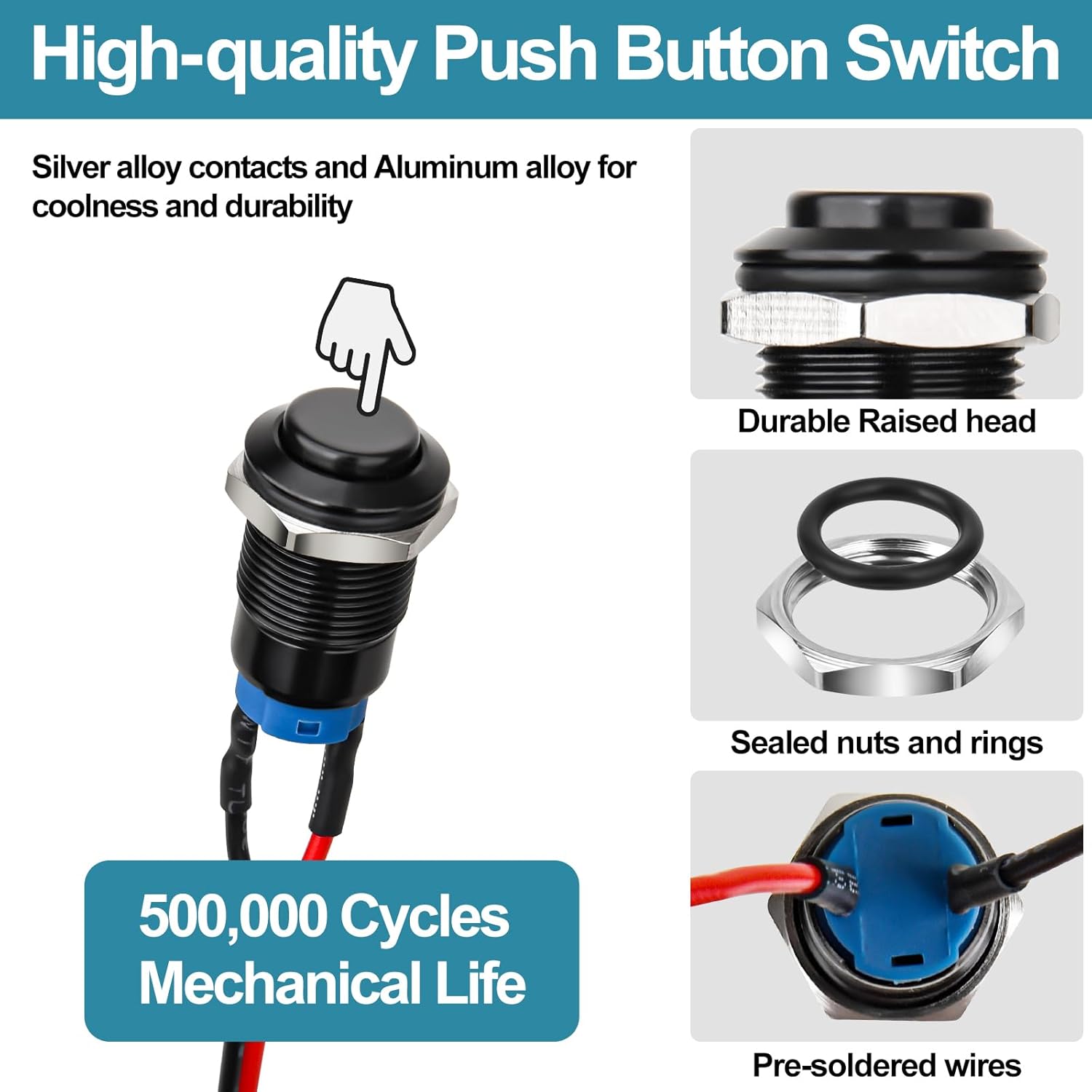 12mm Latching Push Button Switch - Raised Head, Normally Open ON - Off, with Pre - soldered Cable, Aluminium Alloy Shell, for 12V/24V/36V/110V, Waterproof IP66, Without LED 10PCS