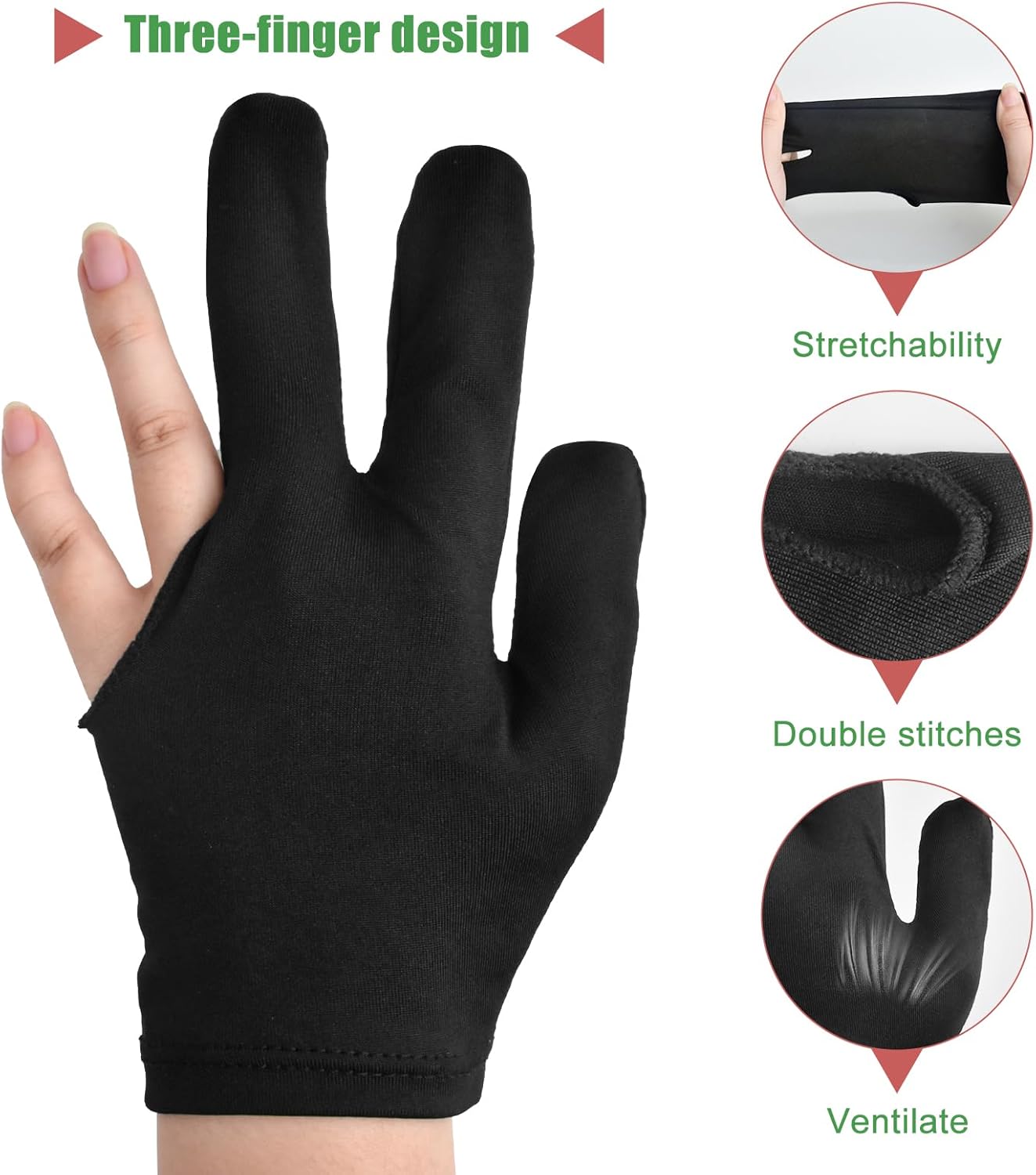 3 Fingers Pool Gloves 20Pcs Billiard Glove Universal Cue Sports Gloves Pool Left Right Hand Gloves Breathable Elastic Show Gloves Sport Gloves for Billiard Accessories, Black