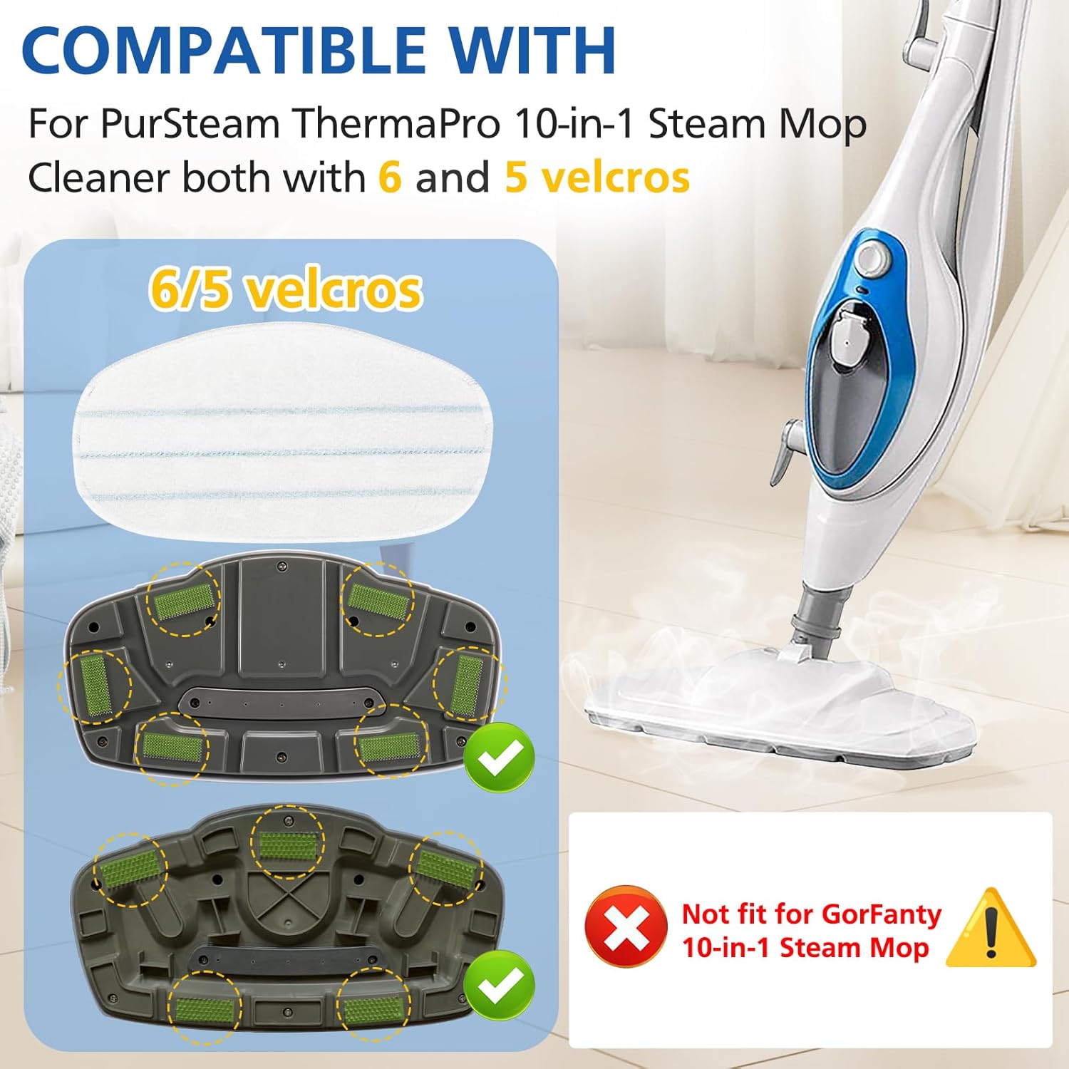 6 Pack Replacement Steam Mop Pads Compatible for PurSteam ThermaPro 10-in-1