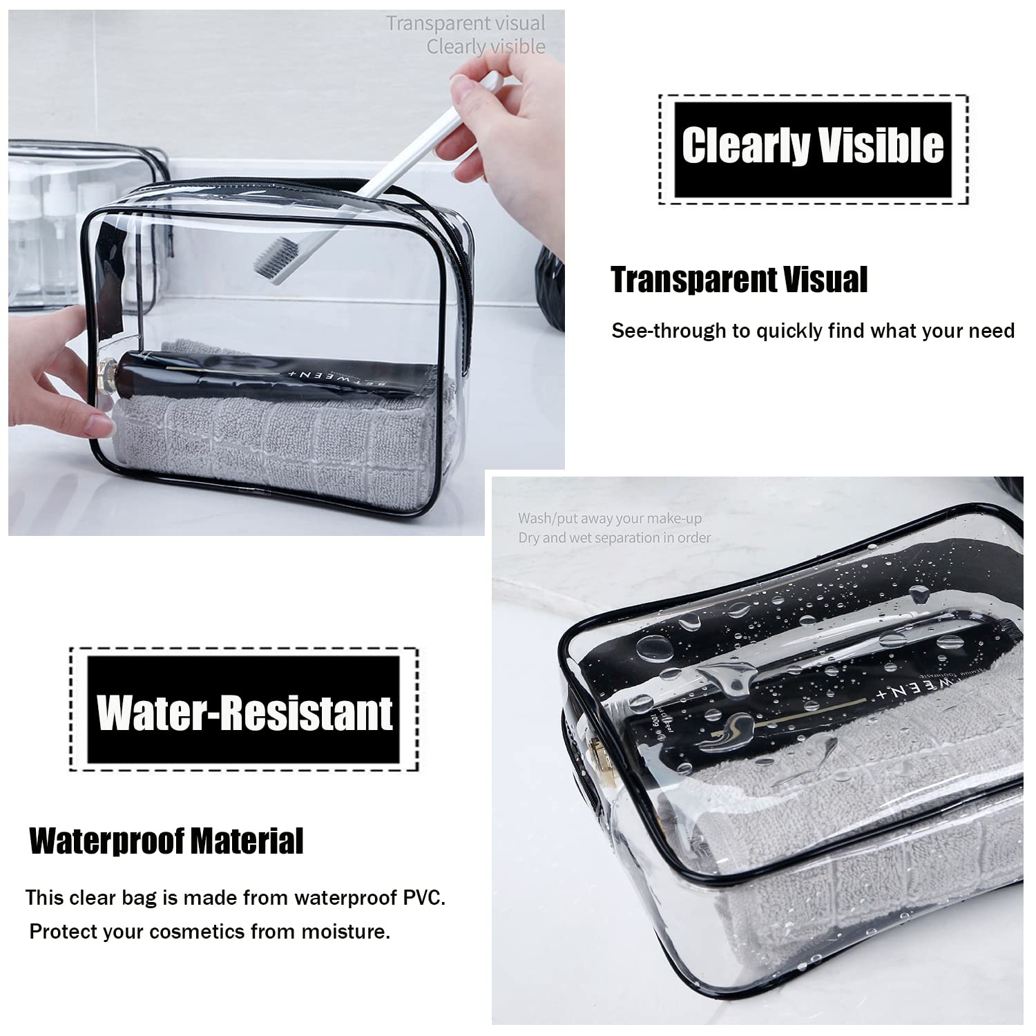 MODENGKGJIAN TSA Approved Toiletry Bag, 3 Pcs Clear Toiletries Bags Quart Size Travel Makeup Cosmetic Bag for Women Men, Carry Airport Airline Compliant Bag Black
