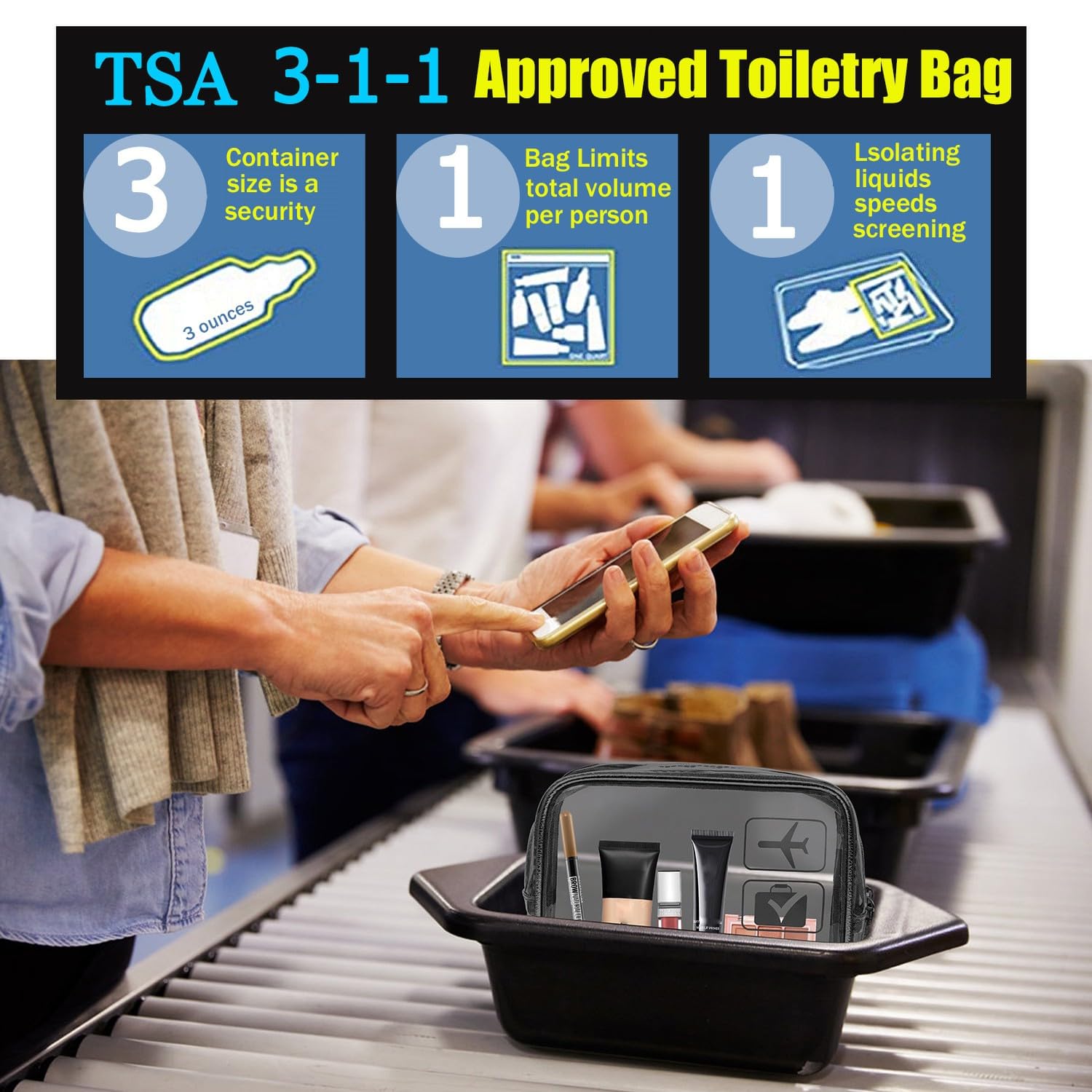MODENGKGJIAN TSA Approved Toiletry Bag, 3 Pcs Clear Toiletries Bags Quart Size Travel Makeup Cosmetic Bag for Women Men, Carry Airport Airline Compliant Bag Black