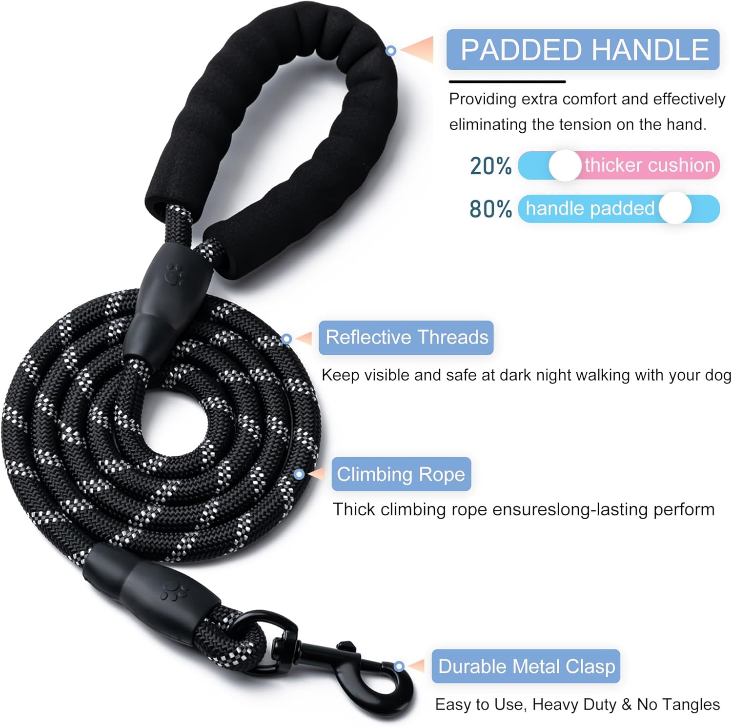 2 Pack Dog Leash, 4/5//6 FT Heavy Duty Nyl Rope Pet Leashes with Comfortable Padded Handle, Reflective Dog Leashes for Small Medium and Large Dogs 5FT-1/2,Black/Black