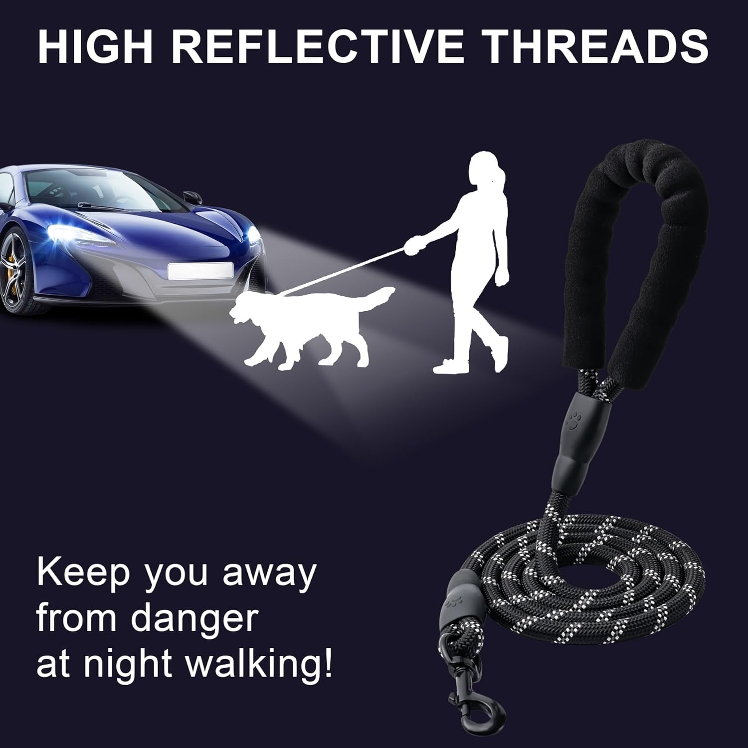 2 Pack Dog Leash, 4/5//6 FT Heavy Duty Nyl Rope Pet Leashes with Comfortable Padded Handle, Reflective Dog Leashes for Small Medium and Large Dogs 5FT-1/2,Black/Black