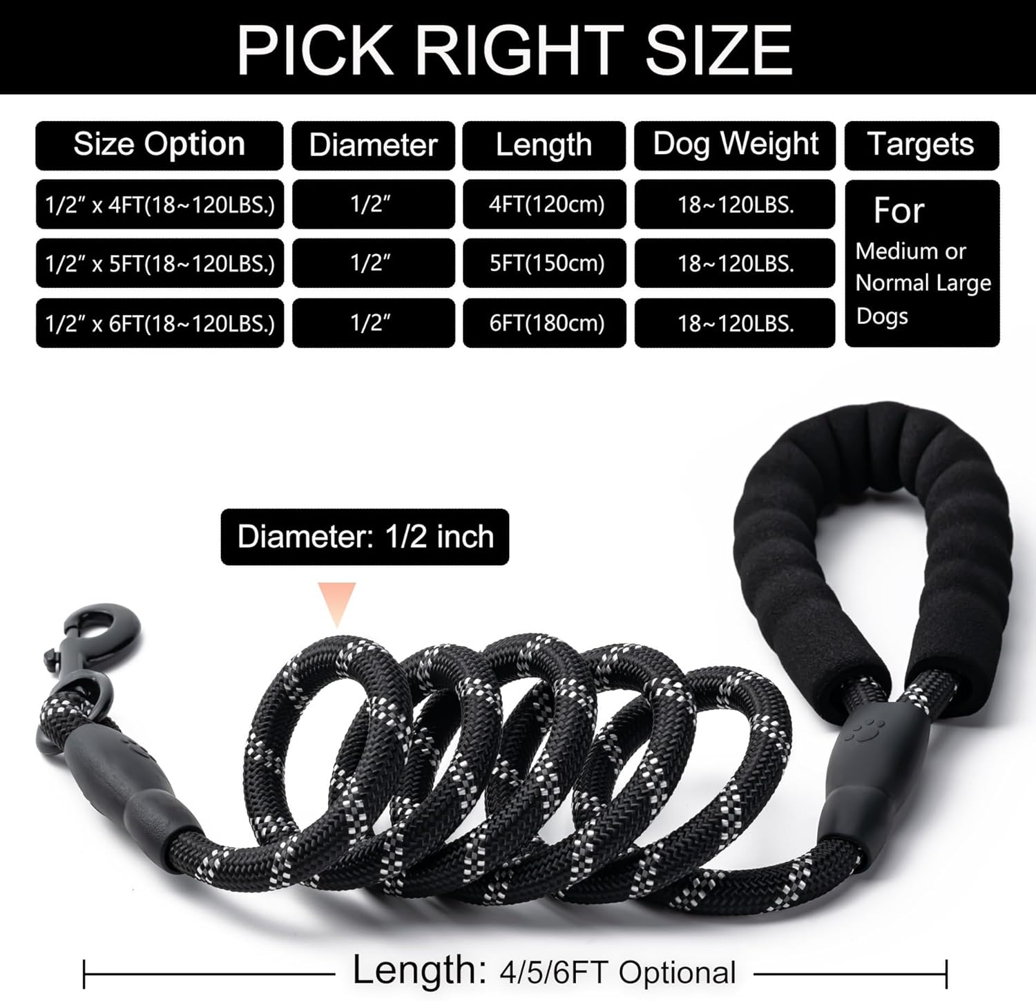 2 Pack Dog Leash, 4/5//6 FT Heavy Duty Nyl Rope Pet Leashes with Comfortable Padded Handle, Reflective Dog Leashes for Small Medium and Large Dogs 5FT-1/2,Black/Black