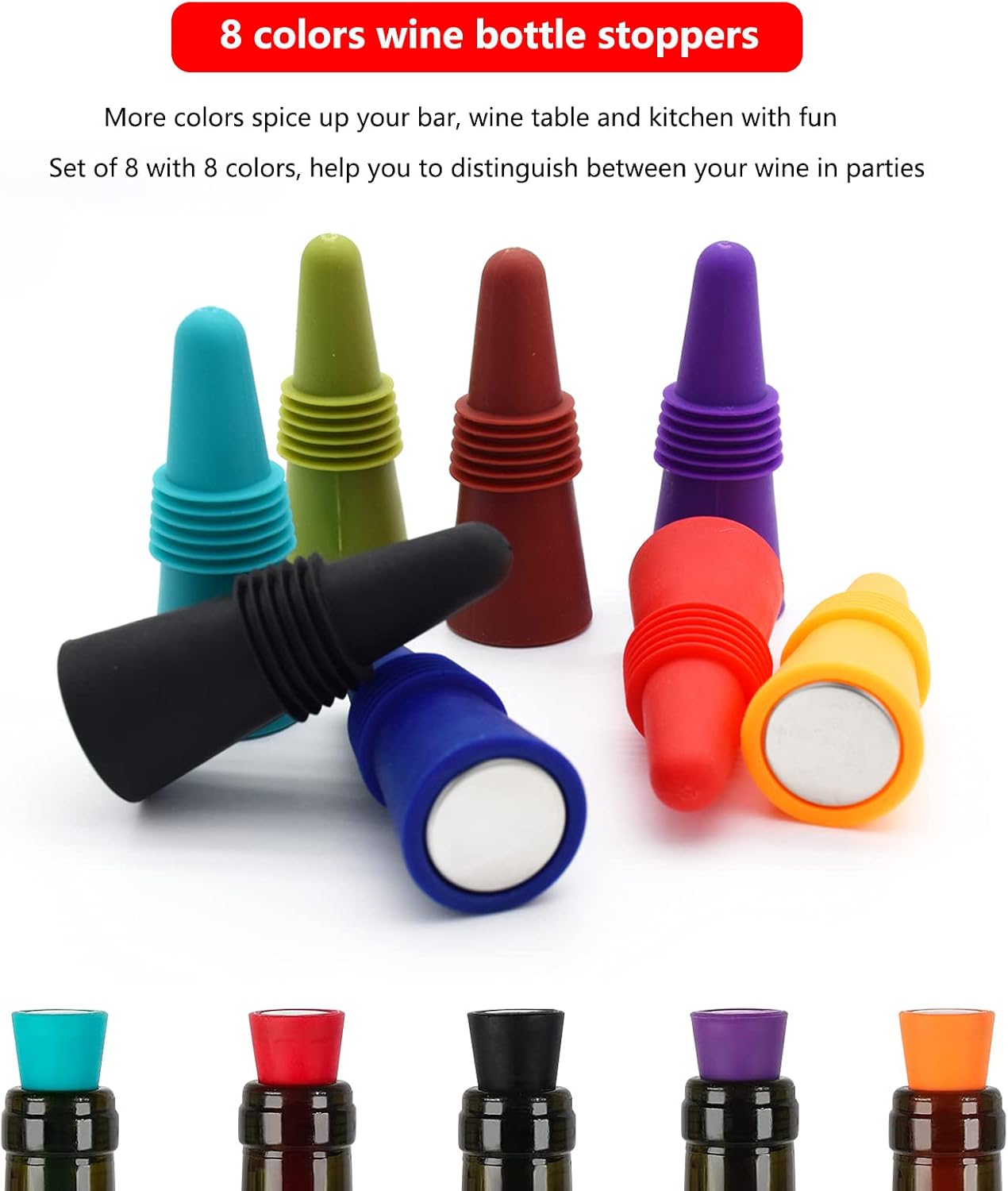 Wine Stoppers Beverage Bottle Sealer Soft Silice Wine Bottle Stoppers Corks with Grip Top for Keeping Wine Champagne Fresh, 8 Pack