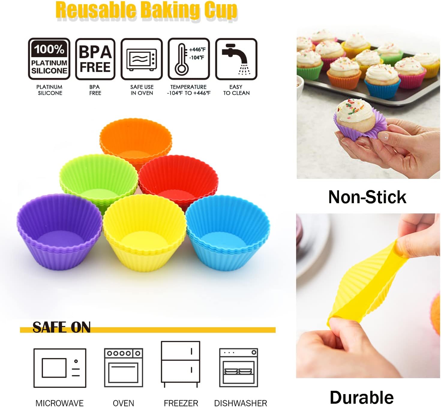Silice Cupcake Baking Cups 24 Pack, Reusable & N-stick Muffin Cupcake Liners Holders Set for Party Halloween Christmas, Easy Clean Pastry Muffin Molds Pack of 24,Multicolor