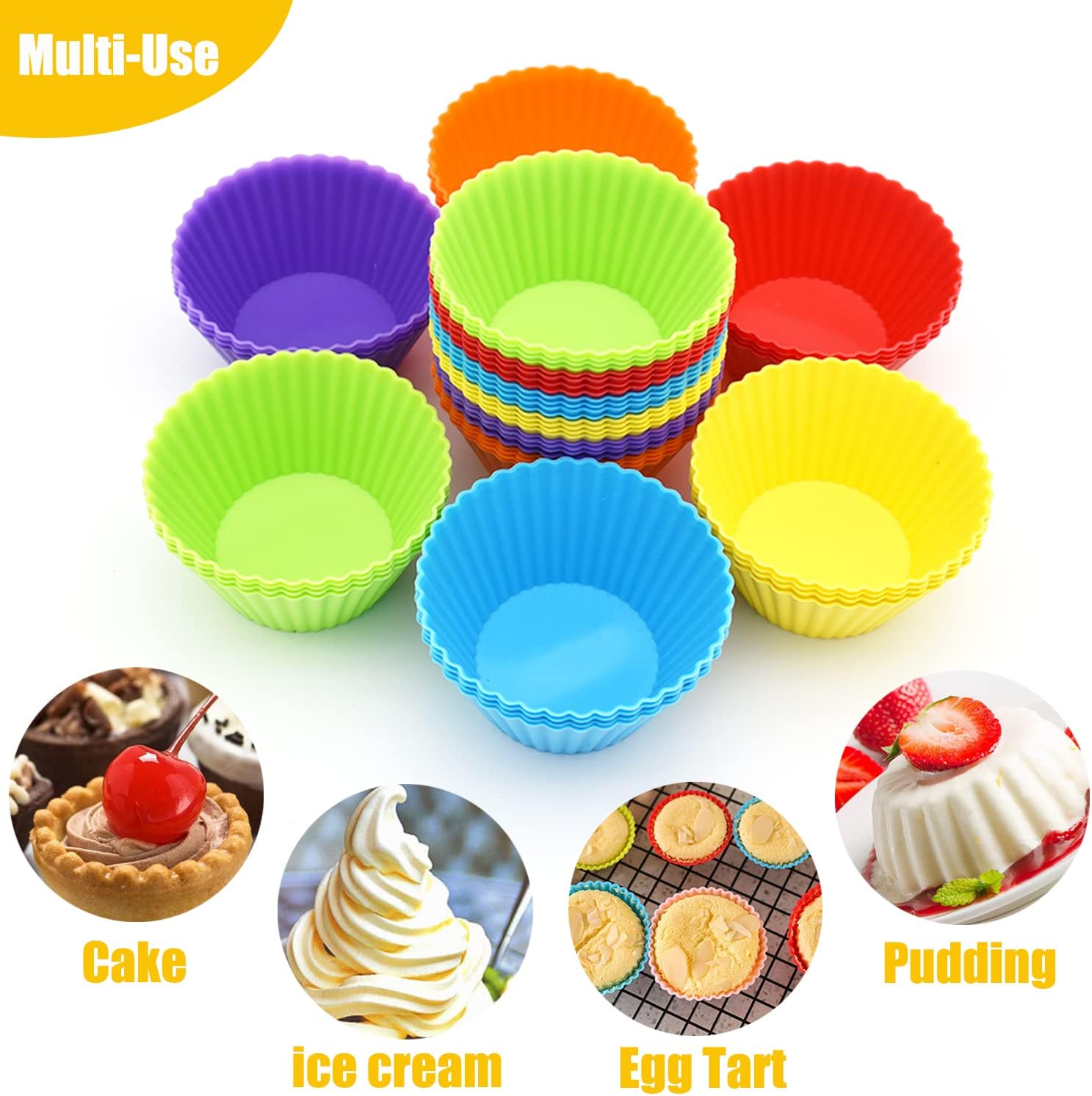 Silice Cupcake Baking Cups 24 Pack, Reusable & N-stick Muffin Cupcake Liners Holders Set for Party Halloween Christmas, Easy Clean Pastry Muffin Molds Pack of 24,Multicolor
