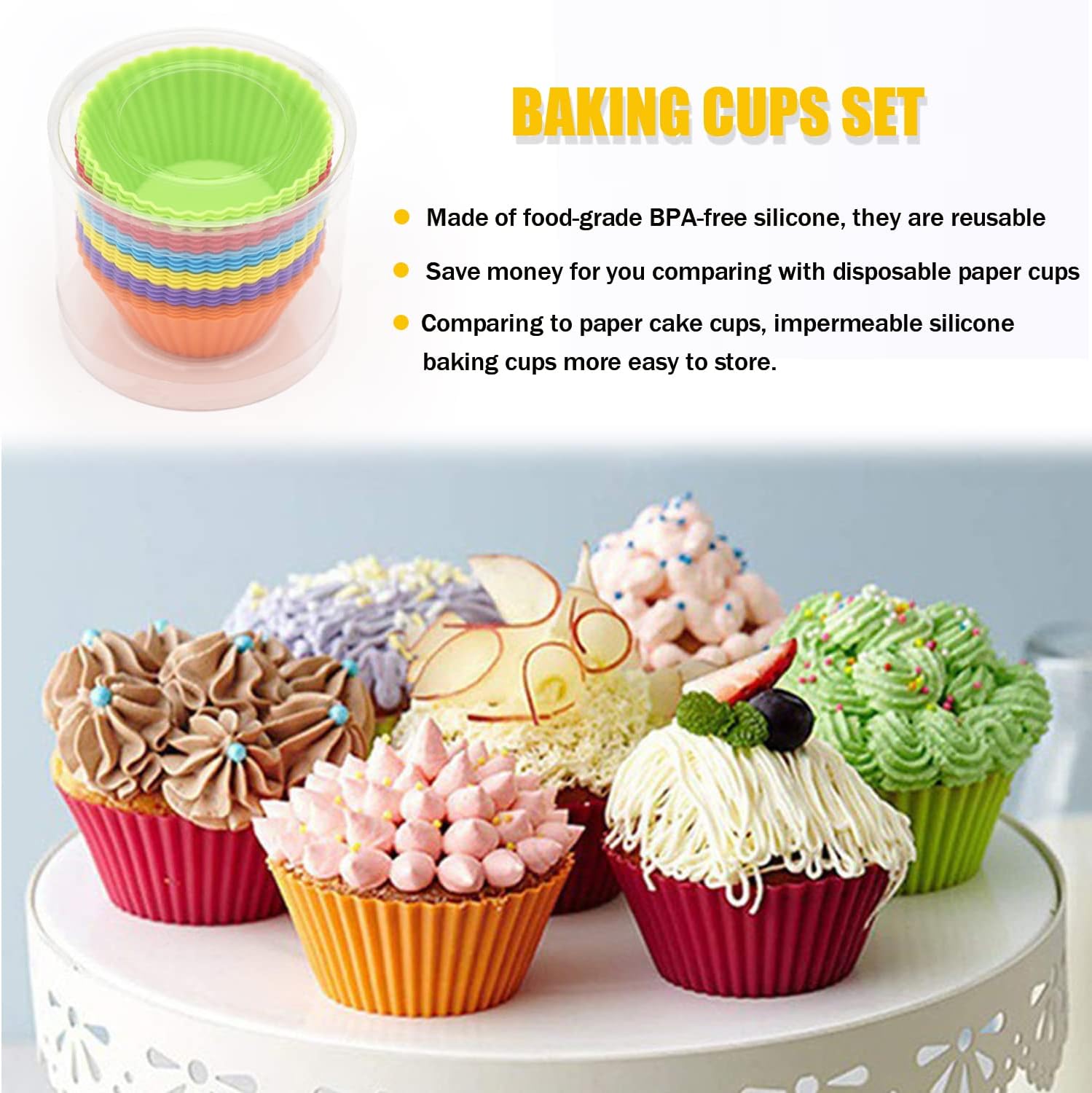 Silice Cupcake Baking Cups 24 Pack, Reusable & N-stick Muffin Cupcake Liners Holders Set for Party Halloween Christmas, Easy Clean Pastry Muffin Molds Pack of 24,Multicolor