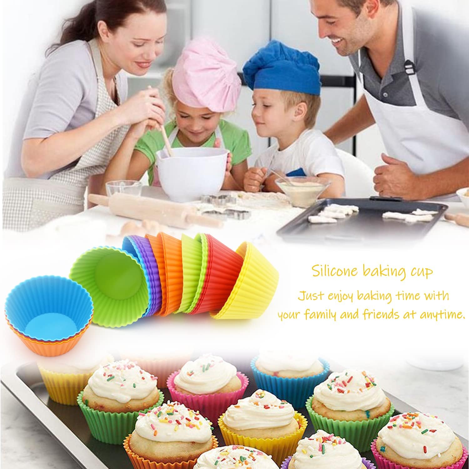 Silice Cupcake Baking Cups 24 Pack, Reusable & N-stick Muffin Cupcake Liners Holders Set for Party Halloween Christmas, Easy Clean Pastry Muffin Molds Pack of 24,Multicolor