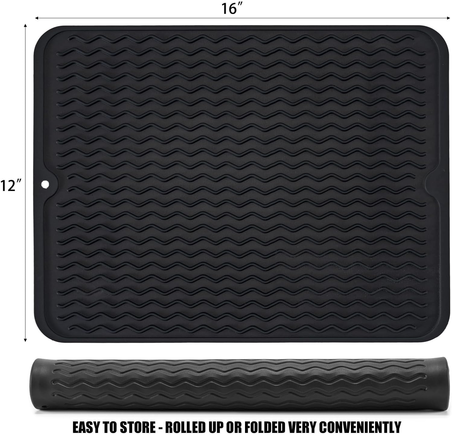 Silice Dish Drying Mat, N-Slip Easy Clean Sink Mat Large Heat-resistant Dish Drainer Mat for Kitchen Counter, Sink, Refrigerator or Drawer liner 16" x 12", BLACK