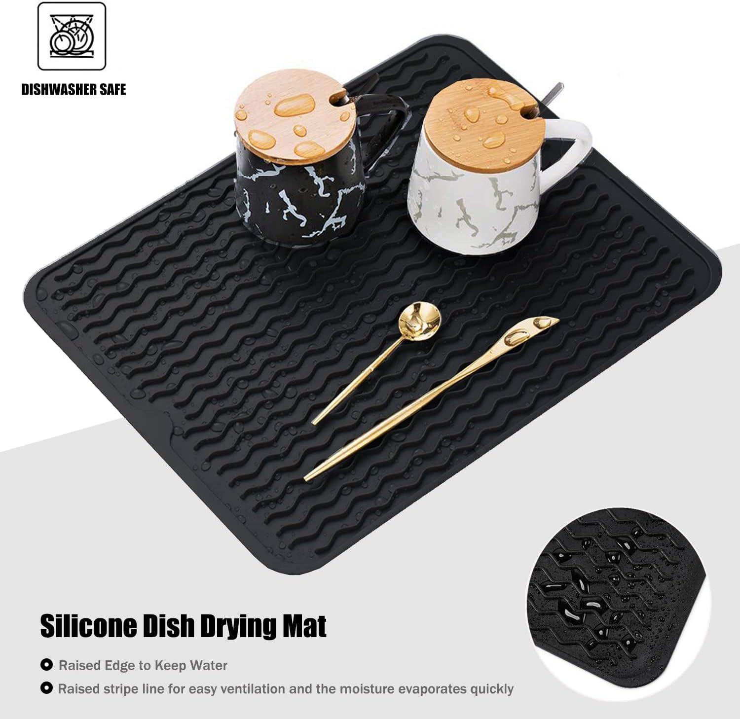 Silice Dish Drying Mat, N-Slip Easy Clean Sink Mat Large Heat-resistant Dish Drainer Mat for Kitchen Counter, Sink, Refrigerator or Drawer liner 16" x 12", BLACK