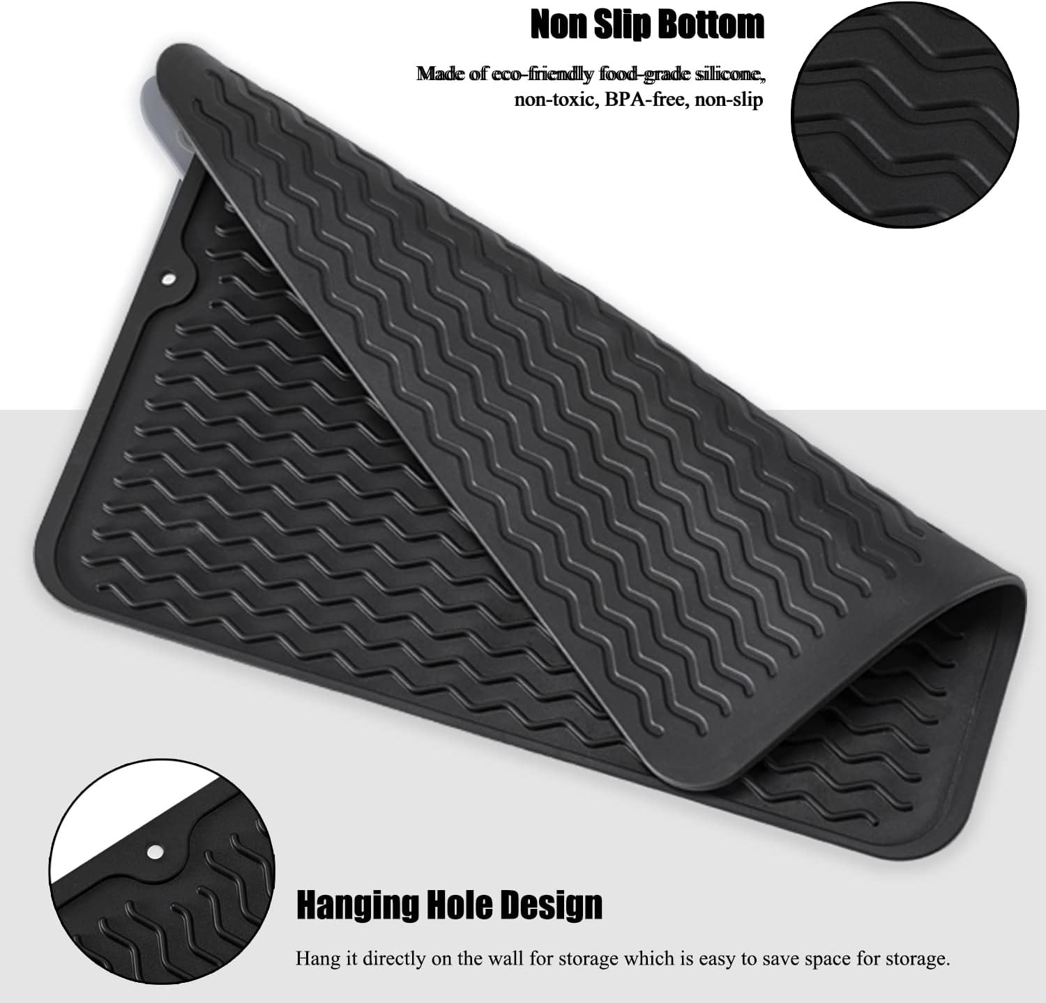 Silice Dish Drying Mat, N-Slip Easy Clean Sink Mat Large Heat-resistant Dish Drainer Mat for Kitchen Counter, Sink, Refrigerator or Drawer liner 16" x 12", BLACK