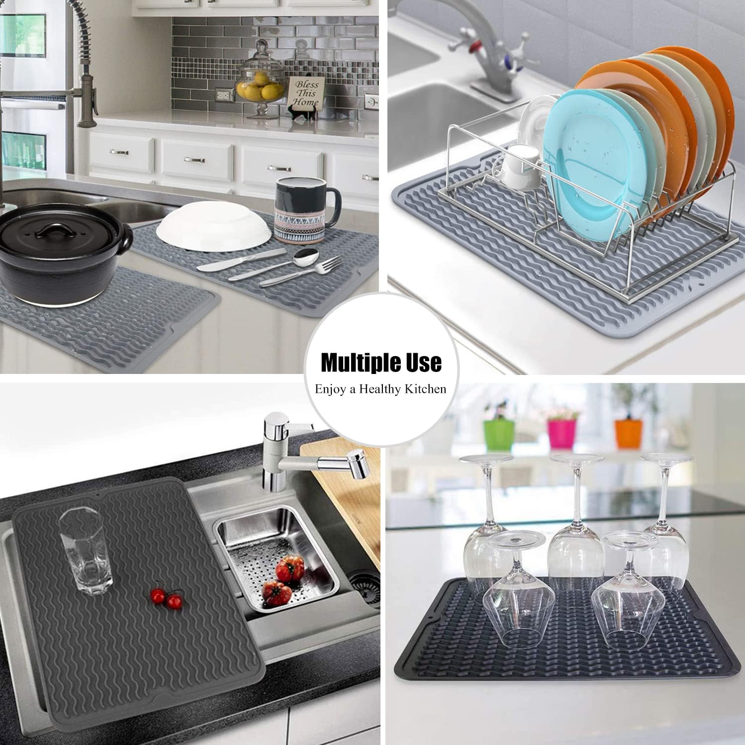 Silice Dish Drying Mat, N-Slip Easy Clean Sink Mat Large Heat-resistant Dish Drainer Mat for Kitchen Counter, Sink, Refrigerator or Drawer liner 16" x 12", BLACK