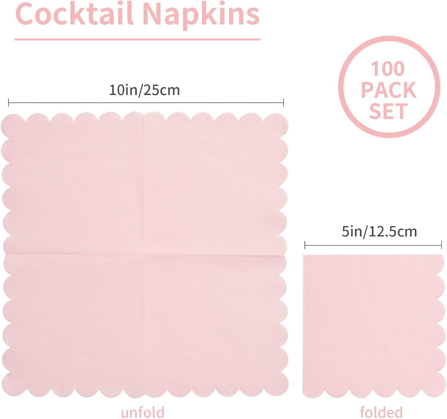 100 Pack Cocktail Napkin 2-Ply Scalloped Edged Dessert Napkins Folded 5 x 5 Inches Disposable Napkins for Dinner Wedding Birthday Party Bridal Anniversary Recepti Event Pink