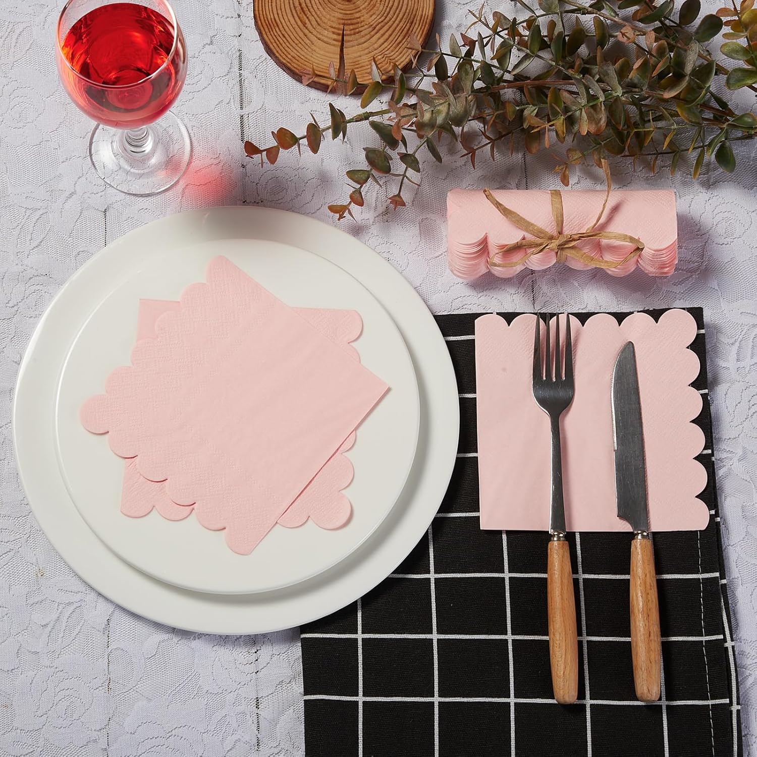 100 Pack Cocktail Napkin 2-Ply Scalloped Edged Dessert Napkins Folded 5 x 5 Inches Disposable Napkins for Dinner Wedding Birthday Party Bridal Anniversary Recepti Event Pink