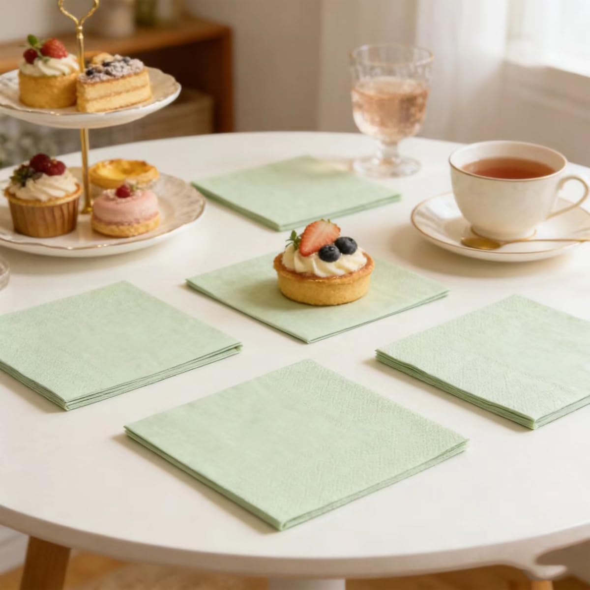 100 Pack Cocktail Napkin 2-Ply Dessert Napkins Folded 5 x 5 Inches Disposable Napkins for Dinner Wedding Birthday Party Bridal Anniversary Recepti Event 100, Sage-Green