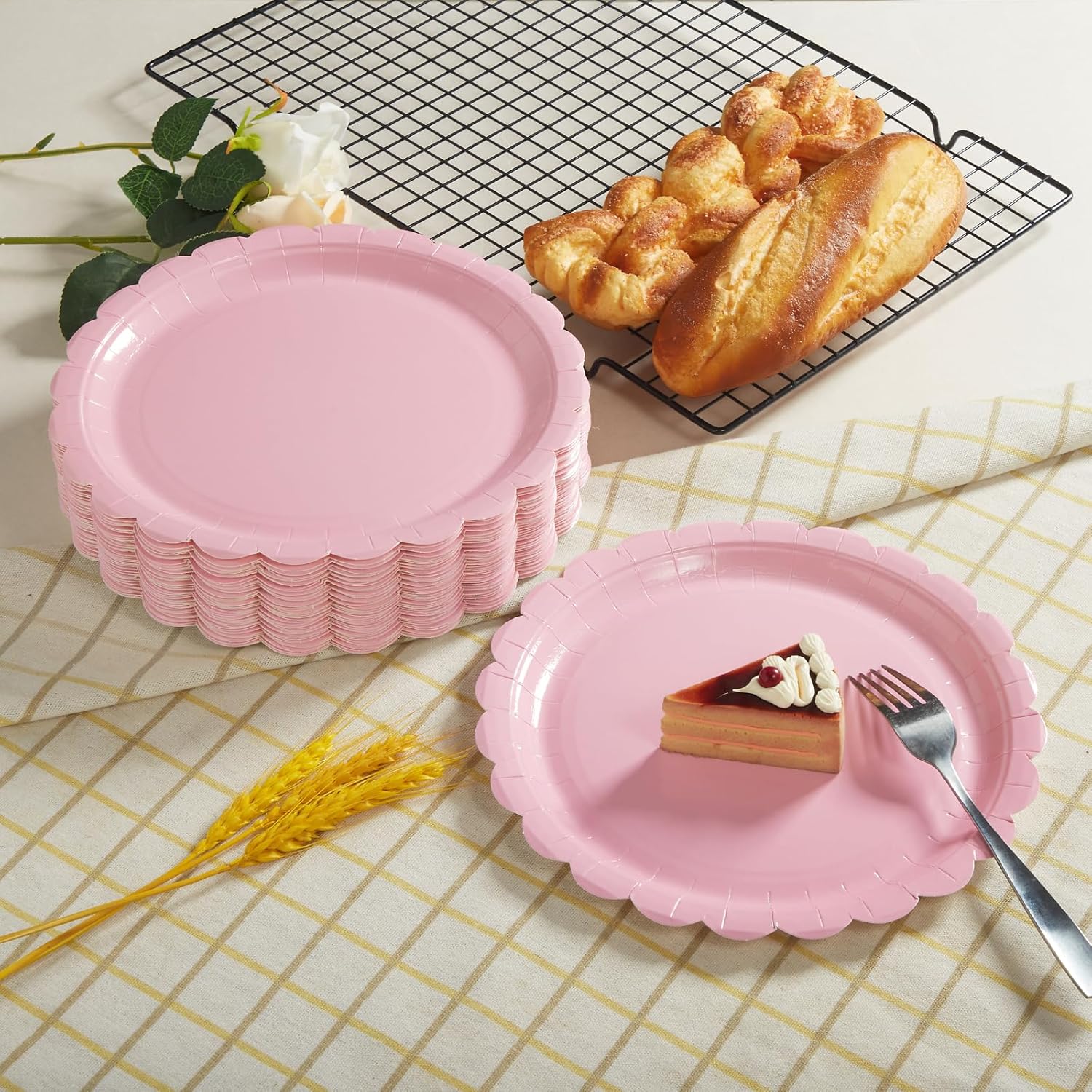 50PCS Scalloped Disposable Paper Plates Dessert Cake Party Plates for Baby Shower, Wedding,Bridal Shower Birthday Party Supplies Pink, 7IN