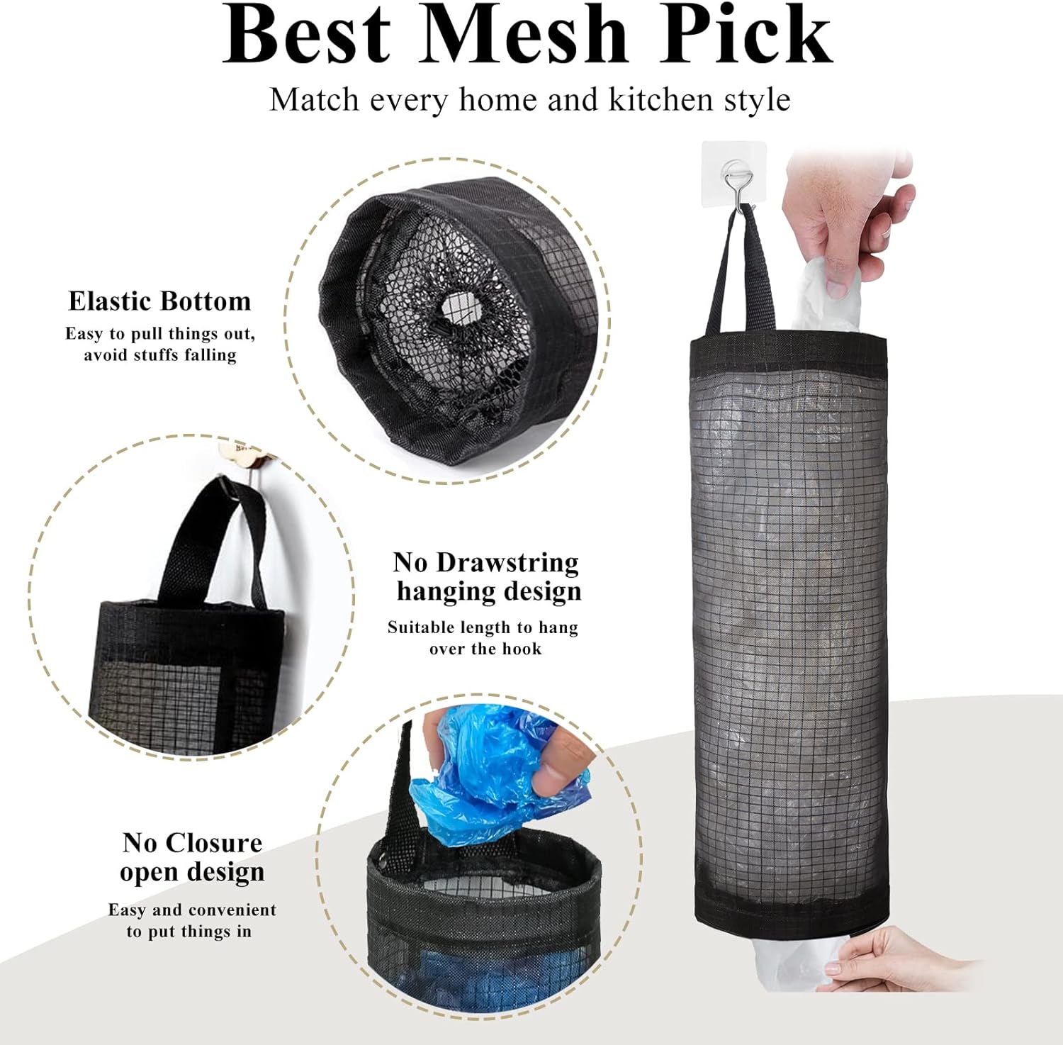 Plastic Bag Holder, Grocery Bag Holder Mesh Hanging Storage Bag Dispenser Black 2 Packs