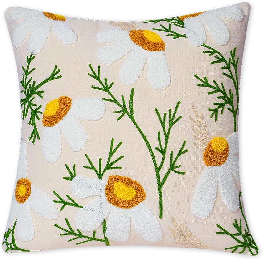 Embroidered Throw Pillow Covers, Soft Pillow Cases Couch Pillow Covers with Zipper, Decorative Cushi Covers for Sofa Living Room Couch Bed,18x18 inch Daisy