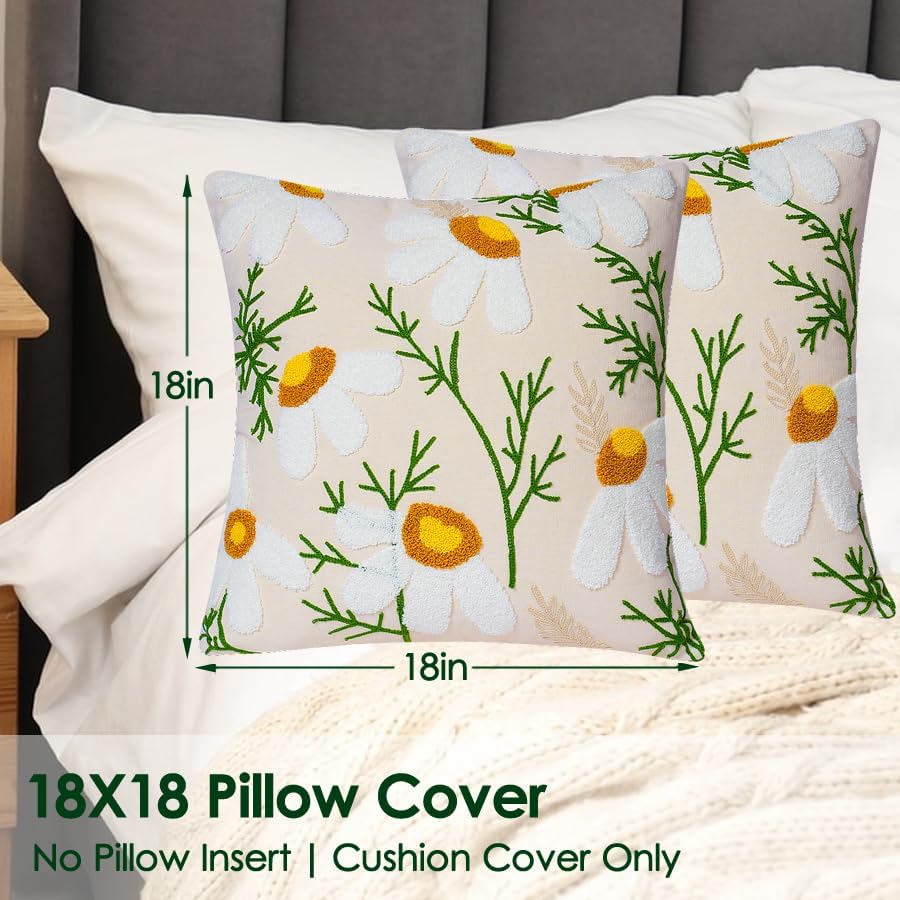 Embroidered Throw Pillow Covers, Soft Pillow Cases Couch Pillow Covers with Zipper, Decorative Cushi Covers for Sofa Living Room Couch Bed,18x18 inch Daisy