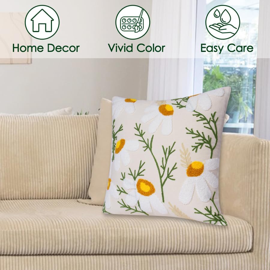 Embroidered Throw Pillow Covers, Soft Pillow Cases Couch Pillow Covers with Zipper, Decorative Cushi Covers for Sofa Living Room Couch Bed,18x18 inch Daisy
