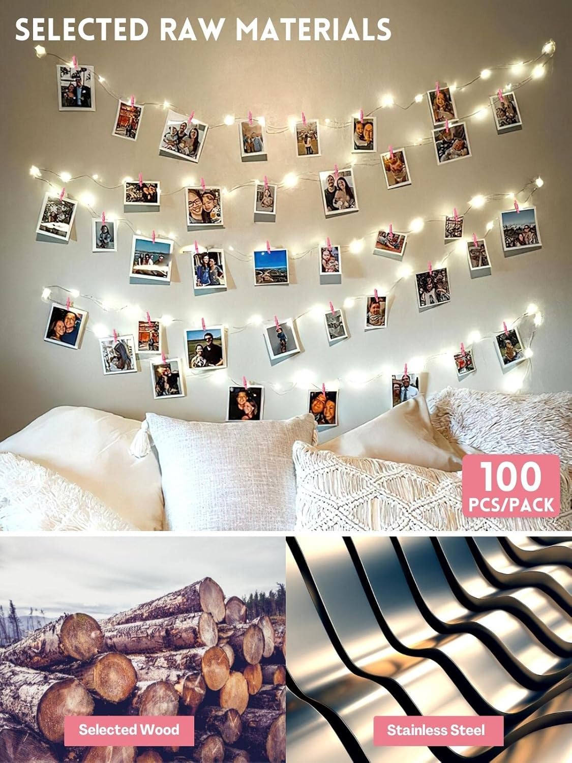 Mini Clothes Pins for Photo, Sturdy Natural Wooden Clothespins 150 Pcs 1 Inch with 33 FT Jute Twine, Small Clips for Crafts Display Baby Shower Game Hanging Decorative Pictures Weddings, Pink