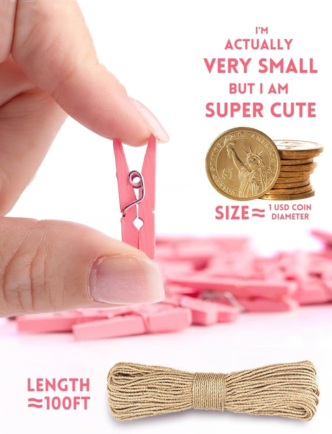 Mini Clothes Pins for Photo, Sturdy Natural Wooden Clothespins 150 Pcs 1 Inch with 33 FT Jute Twine, Small Clips for Crafts Display Baby Shower Game Hanging Decorative Pictures Weddings, Pink