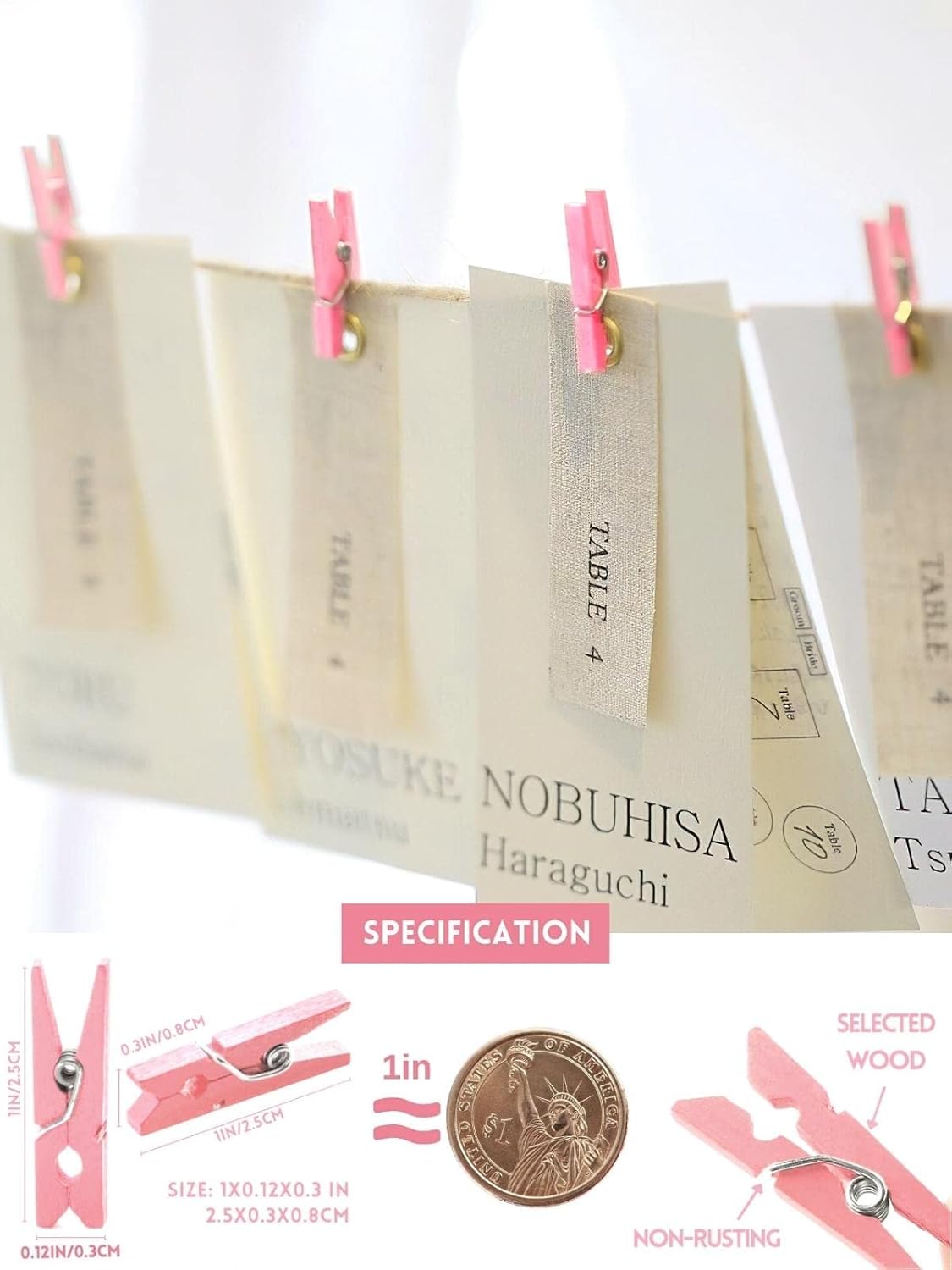 Mini Clothes Pins for Photo, Sturdy Natural Wooden Clothespins 150 Pcs 1 Inch with 33 FT Jute Twine, Small Clips for Crafts Display Baby Shower Game Hanging Decorative Pictures Weddings, Pink
