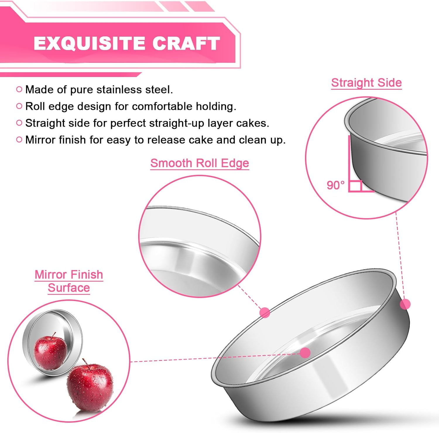 8 Inch Cake Pan Set of 2, Stainless Steel Round Layer Cake Baking Pans Tins, Non-Toxic & Healthy, Leak-proof & Easy Clean & Dishwasher Safe