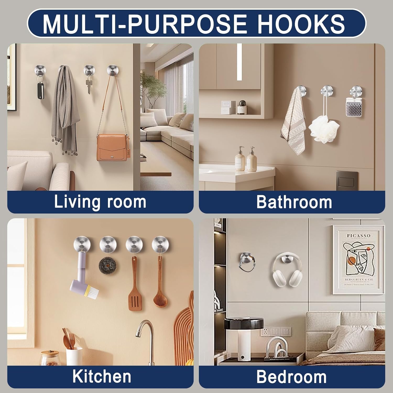 Silver Sucti Cup Hooks for Shower Waterproof - No Drill Stainless Steel Towel Hooks for Bathroom Wall, Kitchen, Glass, Mirror, Tile - Ideal for Hanging Towels, Robes, and Loofahs 4 pcs