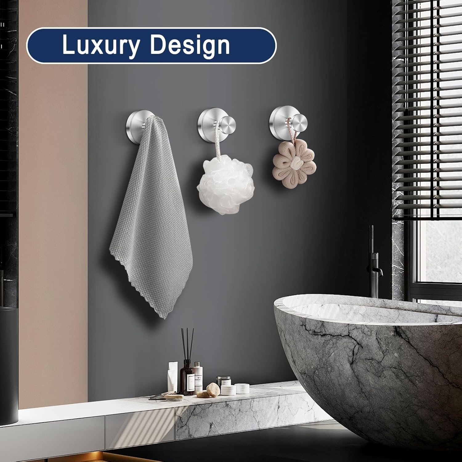 Silver Sucti Cup Hooks for Shower Waterproof - No Drill Stainless Steel Towel Hooks for Bathroom Wall, Kitchen, Glass, Mirror, Tile - Ideal for Hanging Towels, Robes, and Loofahs 4 pcs