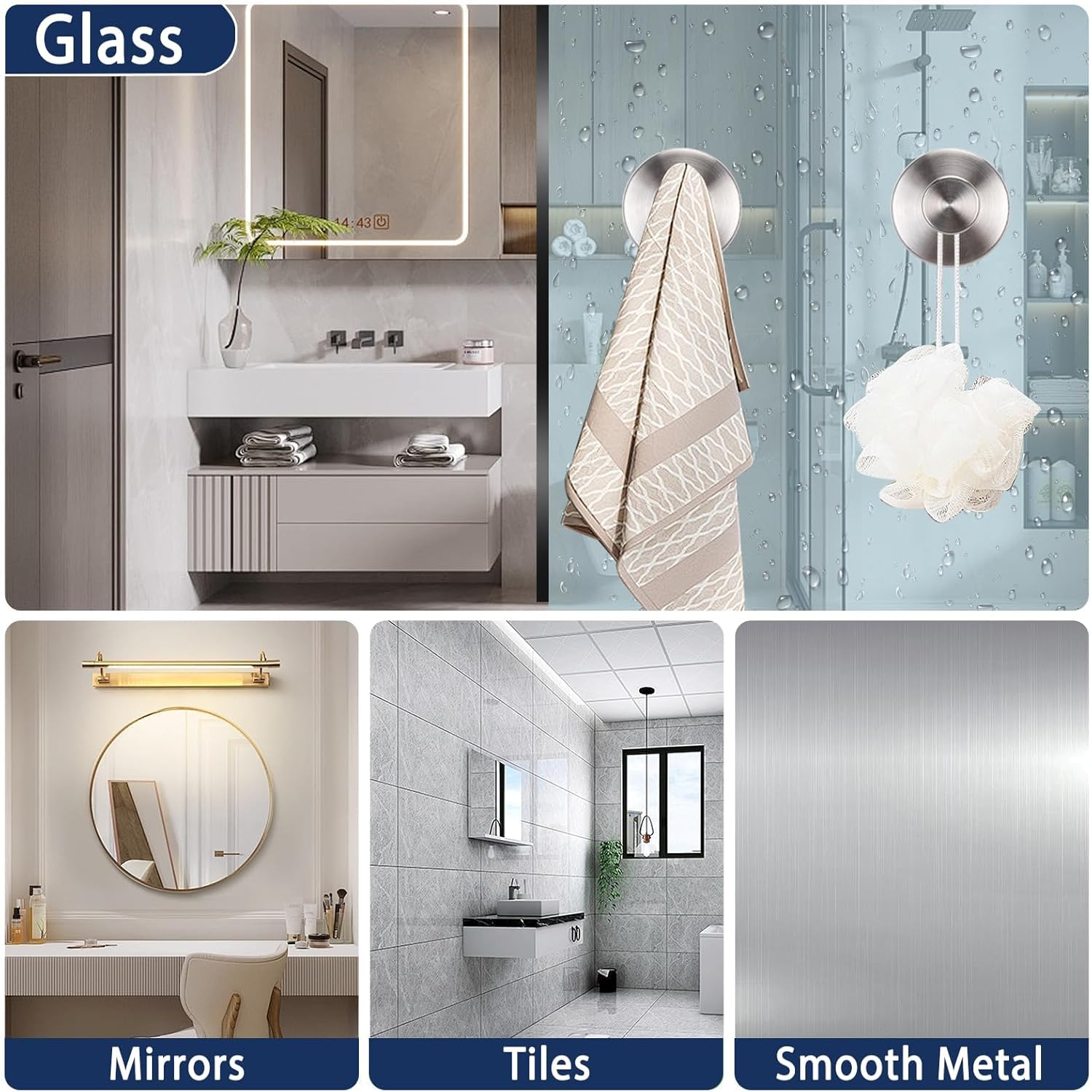 Silver Sucti Cup Hooks for Shower Waterproof - No Drill Stainless Steel Towel Hooks for Bathroom Wall, Kitchen, Glass, Mirror, Tile - Ideal for Hanging Towels, Robes, and Loofahs 4 pcs