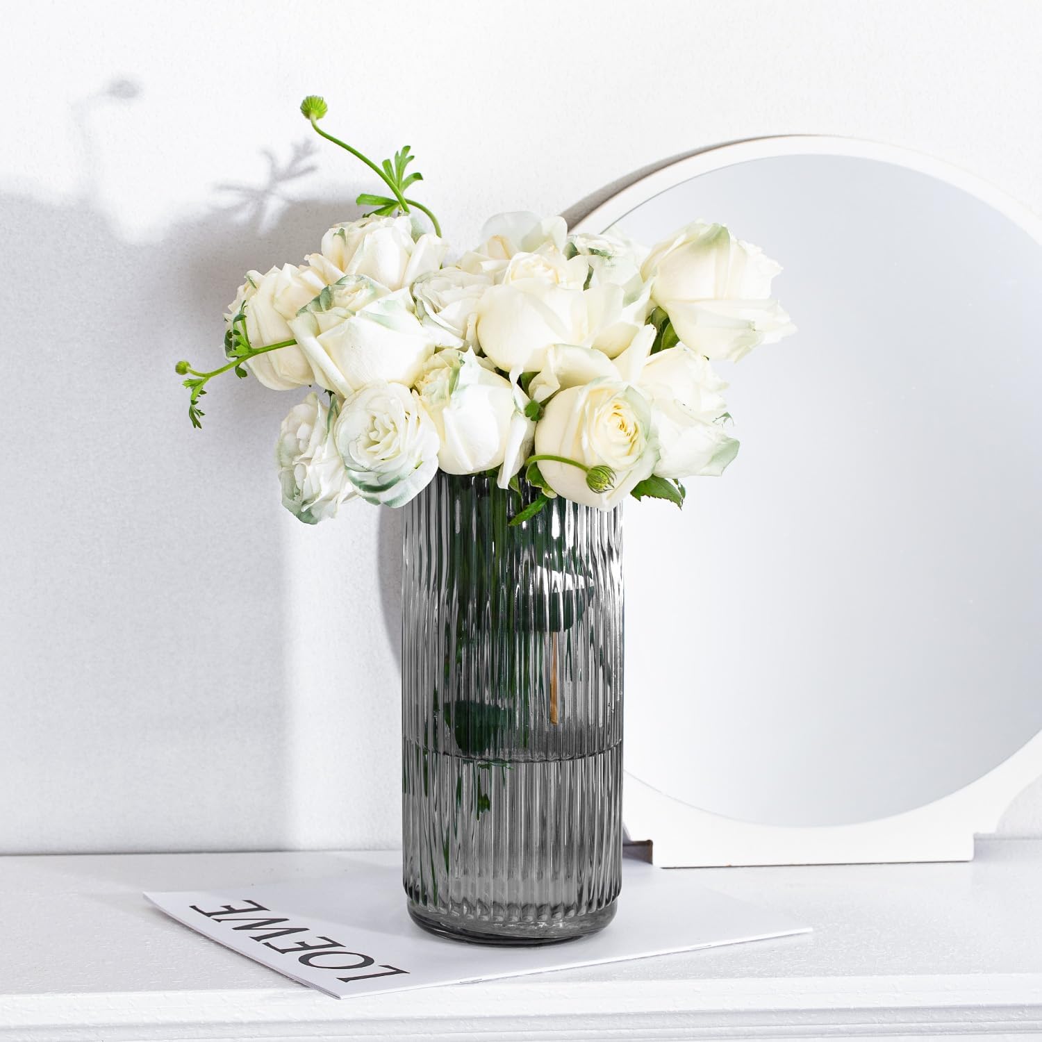 Flower Vase 7.6 Inch Grey Thickened Glass Vase for Lego Flowers,Bookshelf,Dinner Table,Office Desktop,Meeting Room,Bathroom,Countertop,Home Christmas Day Decorati