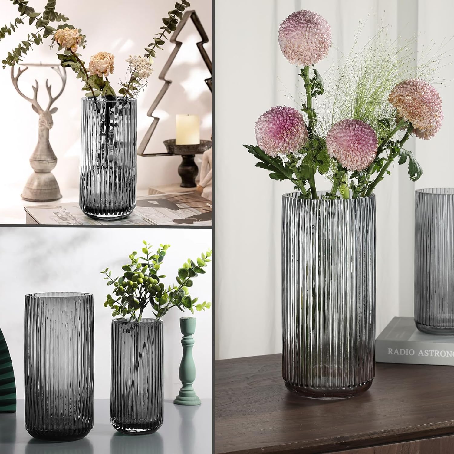 Flower Vase 7.6 Inch Grey Thickened Glass Vase for Lego Flowers,Bookshelf,Dinner Table,Office Desktop,Meeting Room,Bathroom,Countertop,Home Christmas Day Decorati