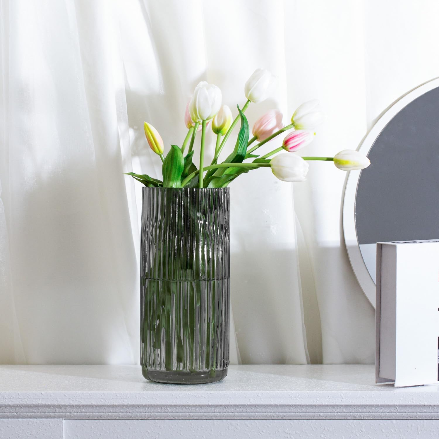 Flower Vase 7.6 Inch Grey Thickened Glass Vase for Lego Flowers,Bookshelf,Dinner Table,Office Desktop,Meeting Room,Bathroom,Countertop,Home Christmas Day Decorati