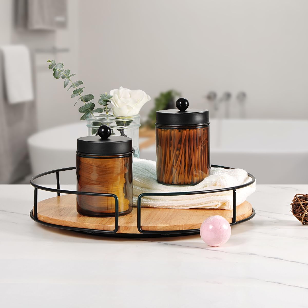 Amber Glass Qtip Holder, Apothecary Jars with Matte Black Metal Lid & Stickers-Bathroom Qtip Dispenser Storage Organizer Set,Vanity Counter Canister for Cott Swabs,Round Pads,Floss 2 Pack