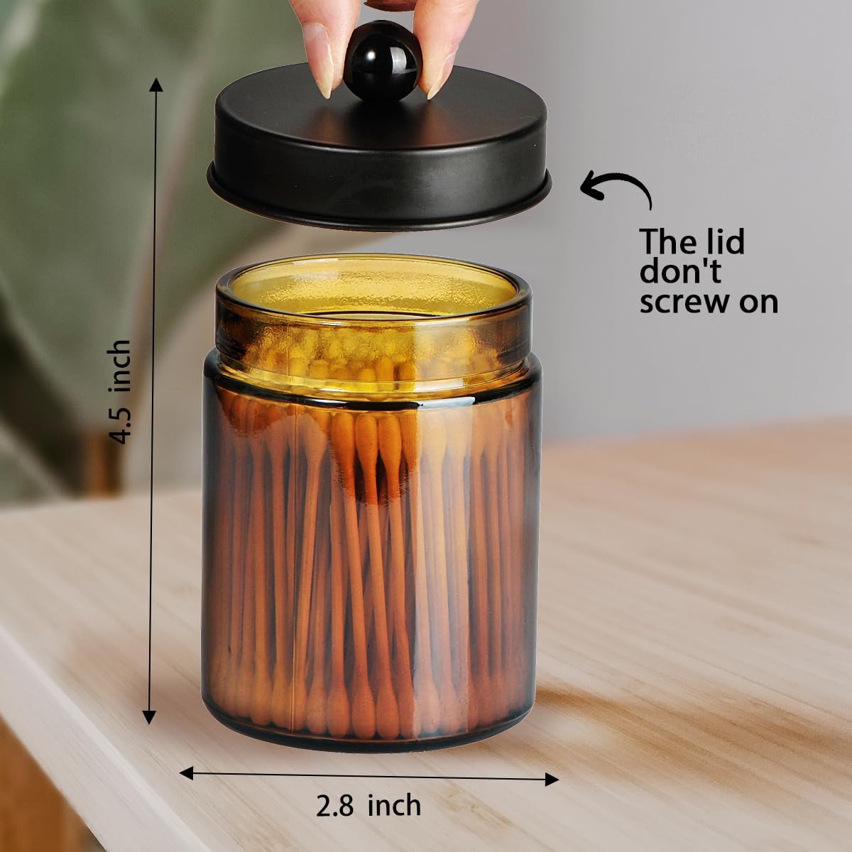 Amber Glass Qtip Holder, Apothecary Jars with Matte Black Metal Lid & Stickers-Bathroom Qtip Dispenser Storage Organizer Set,Vanity Counter Canister for Cott Swabs,Round Pads,Floss 2 Pack