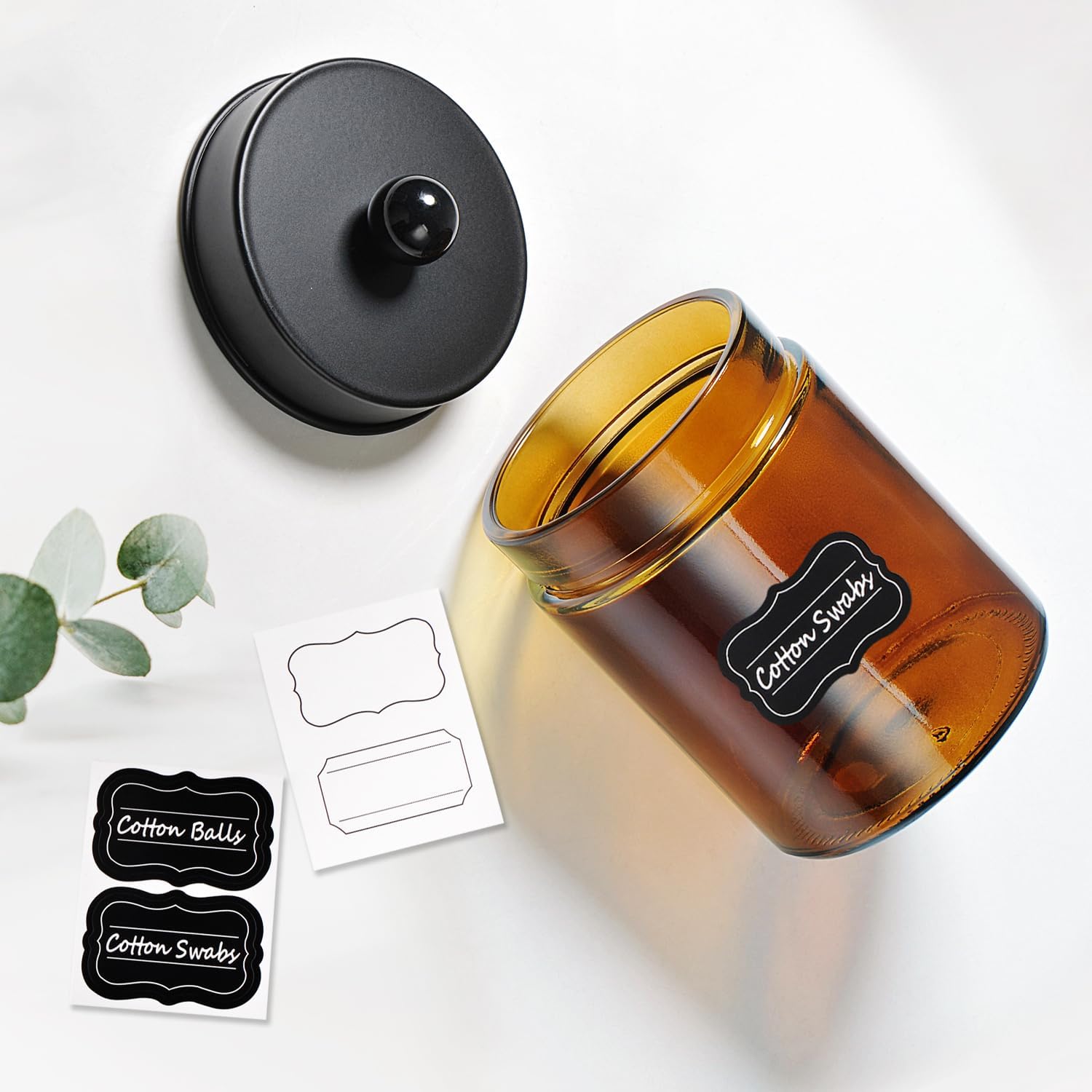 Amber Glass Qtip Holder, Apothecary Jars with Matte Black Metal Lid & Stickers-Bathroom Qtip Dispenser Storage Organizer Set,Vanity Counter Canister for Cott Swabs,Round Pads,Floss 2 Pack