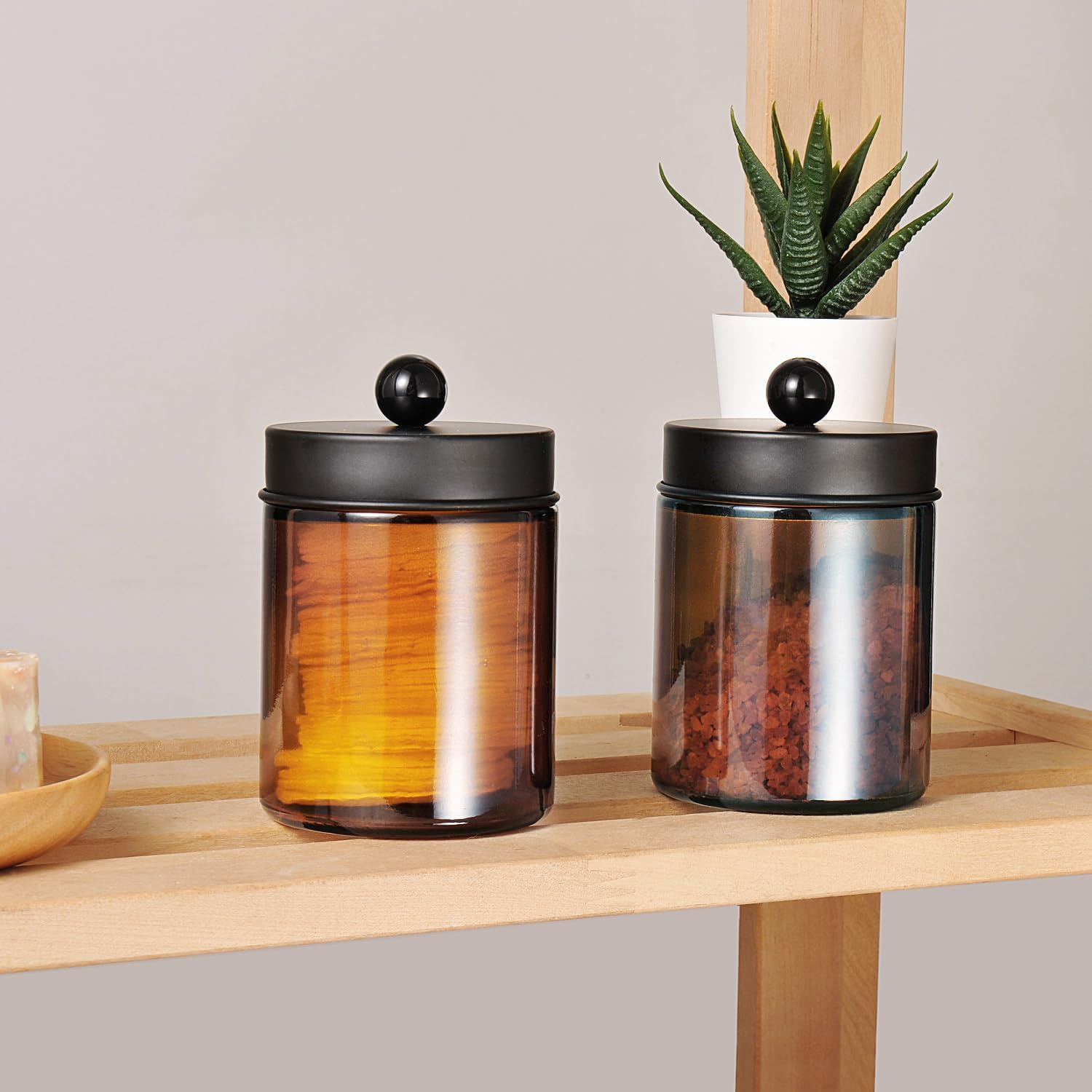 Amber Glass Qtip Holder, Apothecary Jars with Matte Black Metal Lid & Stickers-Bathroom Qtip Dispenser Storage Organizer Set,Vanity Counter Canister for Cott Swabs,Round Pads,Floss 2 Pack