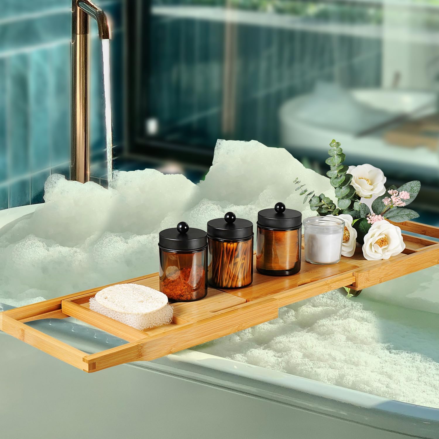 Amber Glass Qtip Holder, Apothecary Jars with Matte Black Metal Lid & Stickers-Bathroom Qtip Dispenser Storage Organizer Set,Vanity Counter Canister for Cott Swabs,Round Pads,Floss 2 Pack
