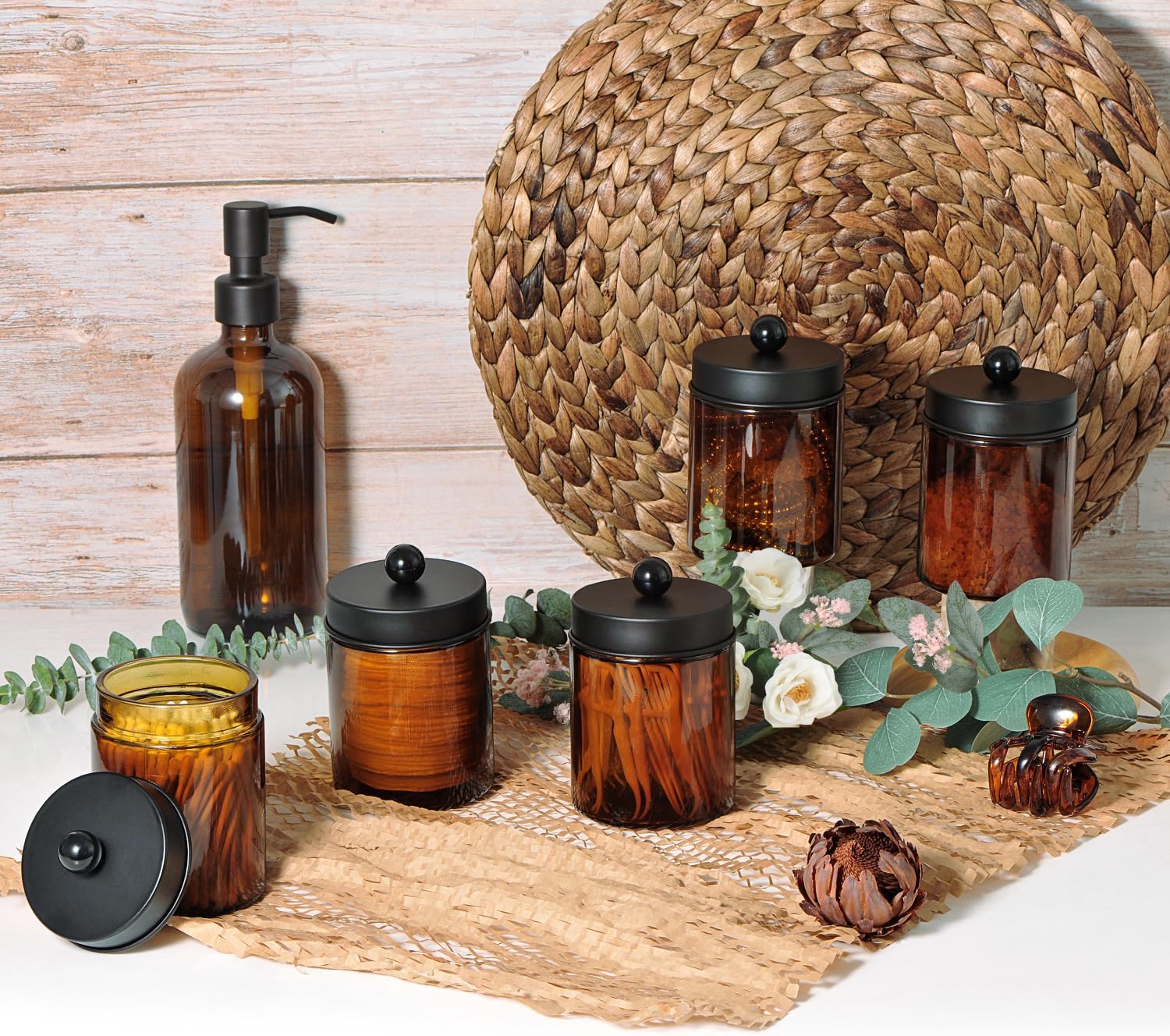 Amber Glass Qtip Holder, Apothecary Jars with Matte Black Metal Lid & Stickers-Bathroom Qtip Dispenser Storage Organizer Set,Vanity Counter Canister for Cott Swabs,Round Pads,Floss 2 Pack
