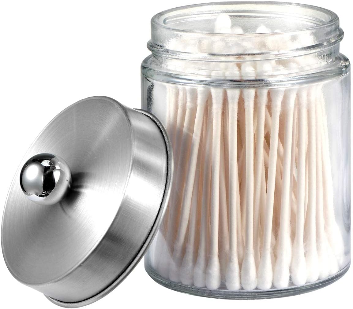 Apothecary Jars Bathroom Vanity Organizer -Countertop Canister Jar with Storage Lid - Qtip Dispenser Holder Glass for Qtips,Cott Swabs,Makeup Spges,Hair Band - Brushed Nickel 1 Pack